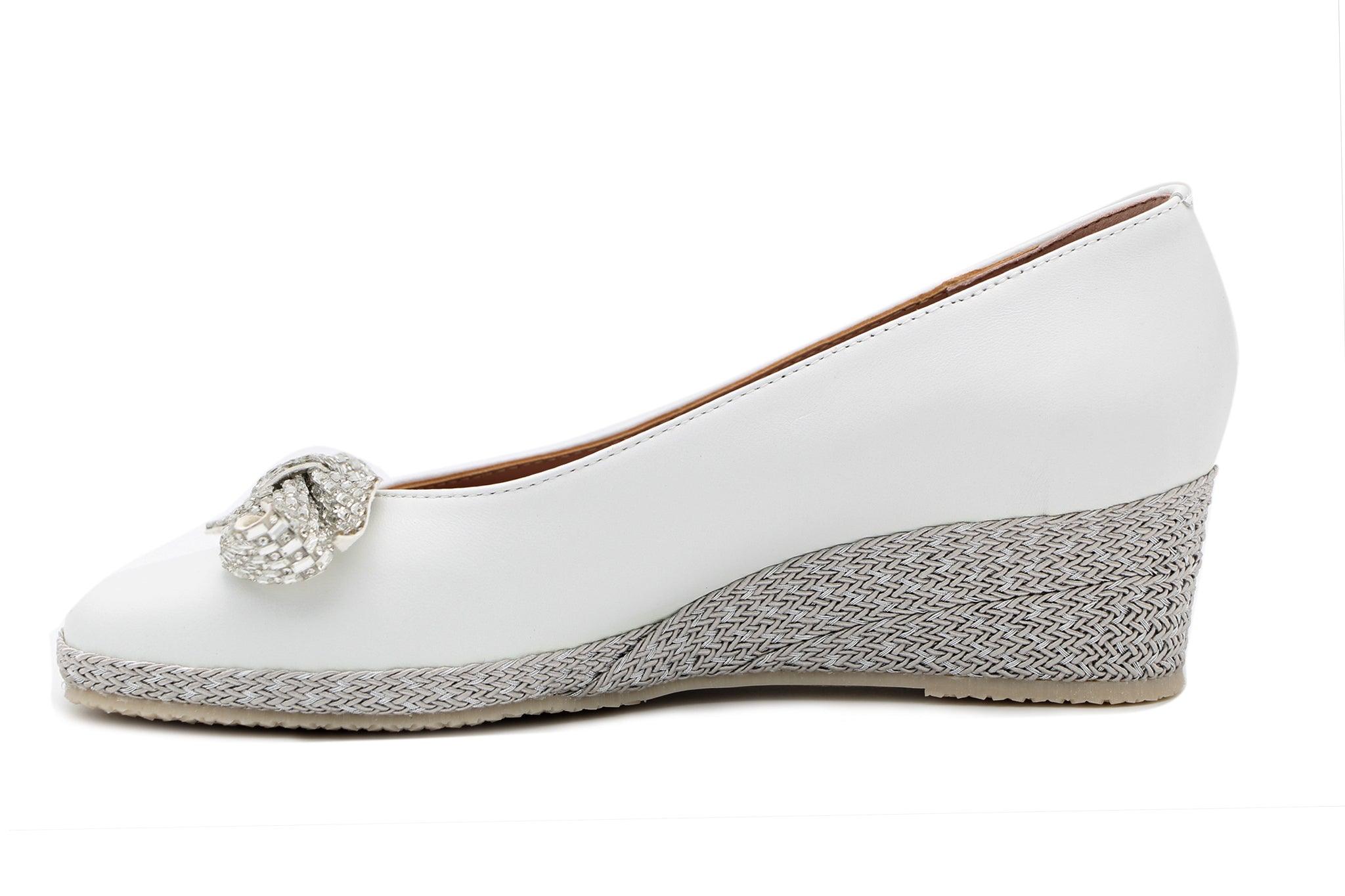 Bruno's Women's White Leather Wedge Shoes with Bow - Comfortable Casual & Dressy Heels for Work, Parties, and Everyday Wear