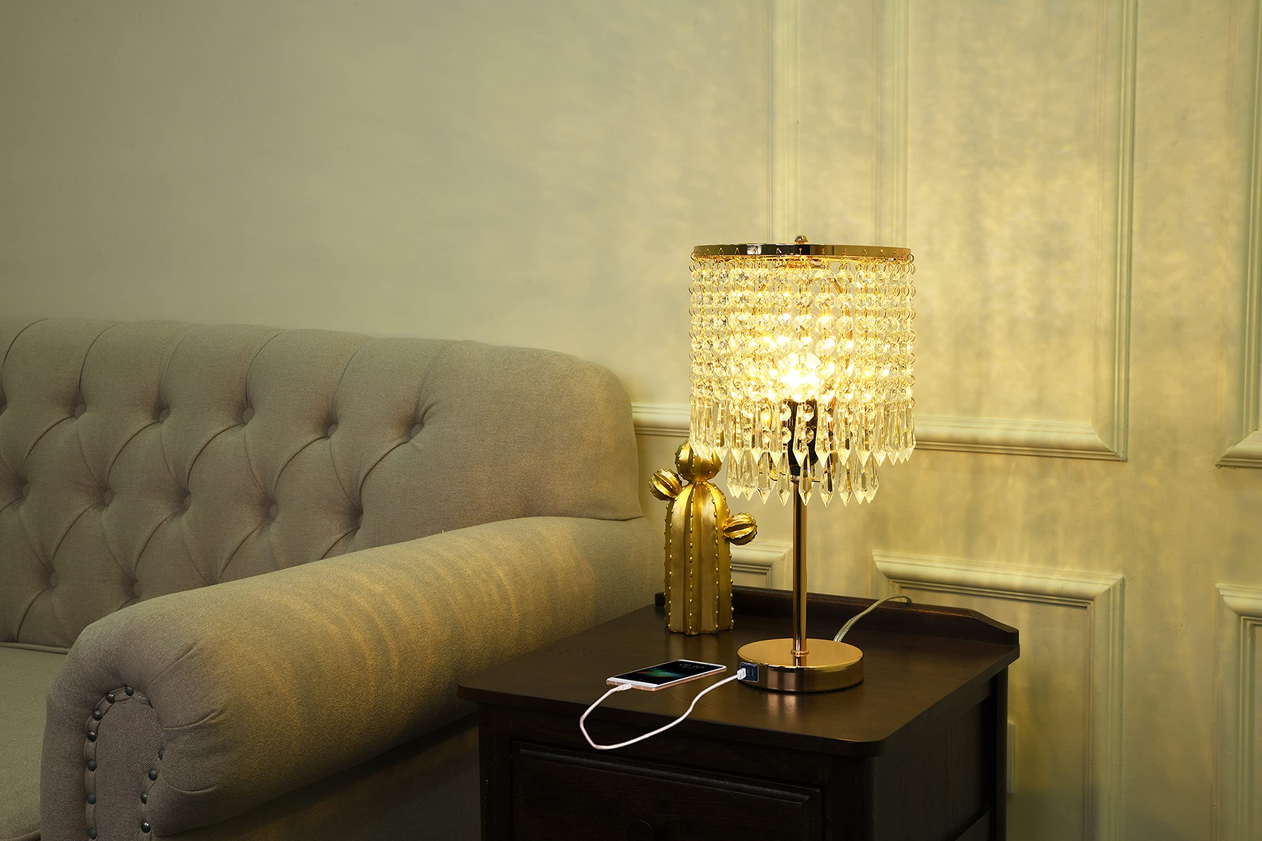 2 Pack Crystal Table Lamps with USB Charging Ports - Gold Nightstand Lamps with 3-Way Touch Dimmer & Elegant Shade for Bedroom, Living Room - Perfect for Reading, Decor & Charging Devices