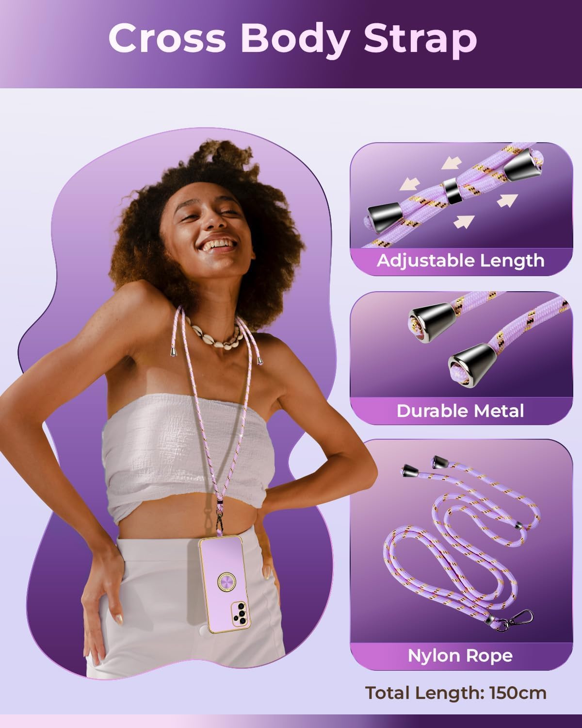 Luxury Electroplated Samsung Galaxy S24 Plus Case with Ring Holder & Lanyard - Soft Shockproof Protective Cover for Women & Girls (Purple) - Perfect for Work, Travel, and Everyday Use
