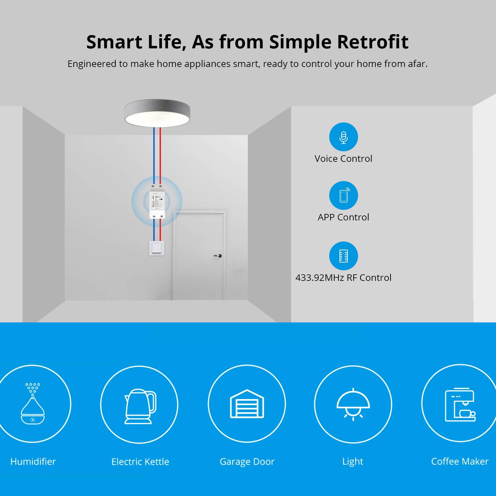 SONOFF RFR2 WiFi Smart Switch with RF Receiver - Wireless Remote Control for DIY Smart Home Automation, Compatible with Alexa & Google Assistant, No Hub Required - Perfect for Lighting Control, Smart Appliances & Home Security Systems