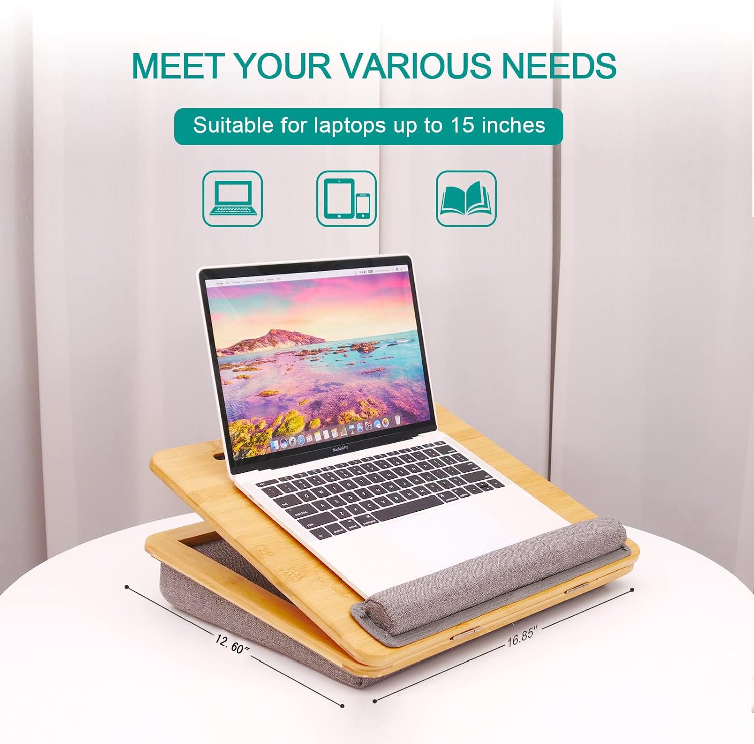 Adjustable Bamboo Lap Desk for Laptop with Cushion - Portable Laptop Stand with Tablet Slot & Phone Holder - Ergonomic Bed Tray for Home Office, Sofa, Car & Travel Use - Perfect for Working, Studying or Watching Movies in Bed