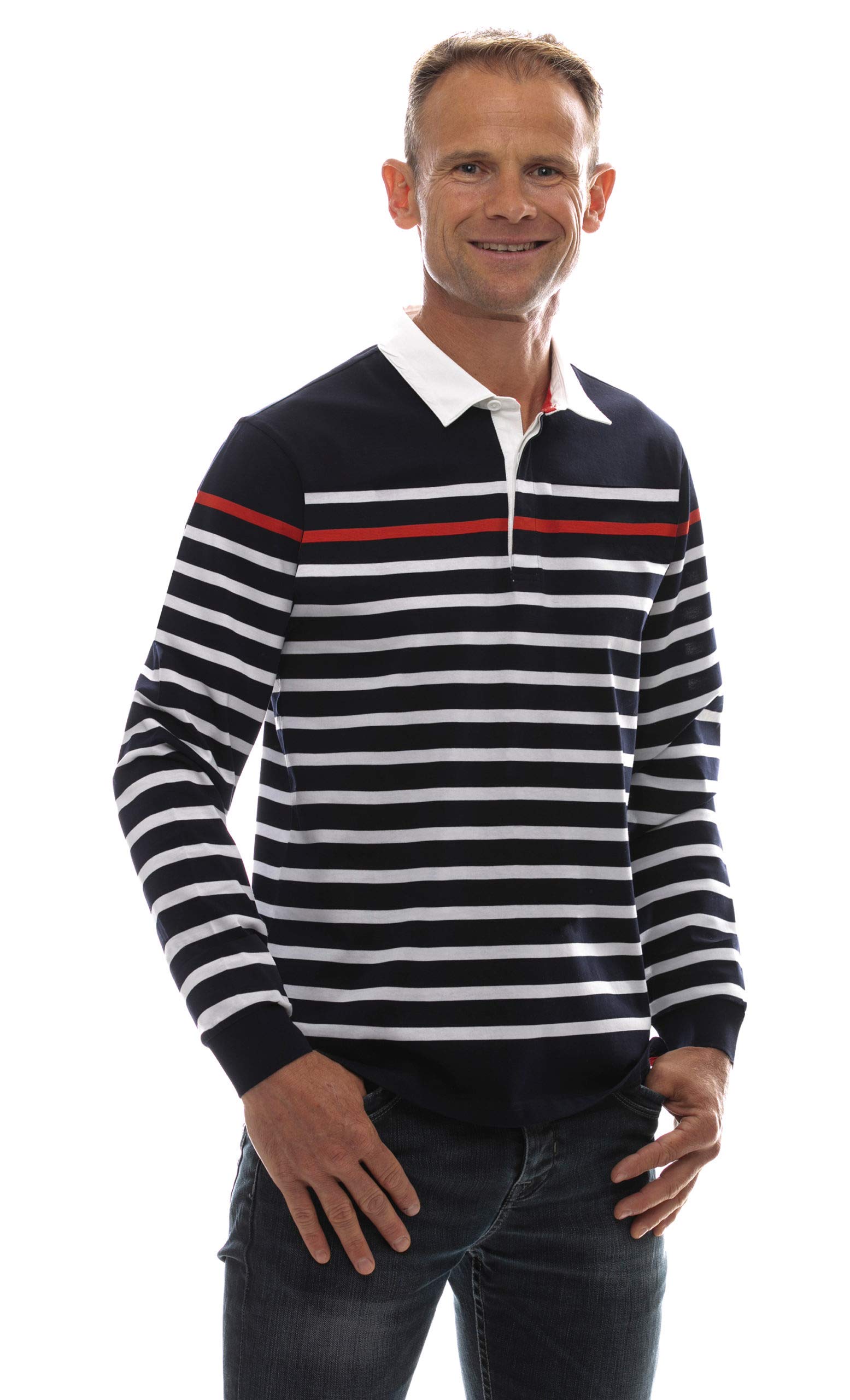 UGHOLIN Men's Breton Stripe Cotton Long Sleeve Polo Shirt - Classic Casual Button Down Shirt for Work, Office & Everyday Wear | Breathable Comfort Fit