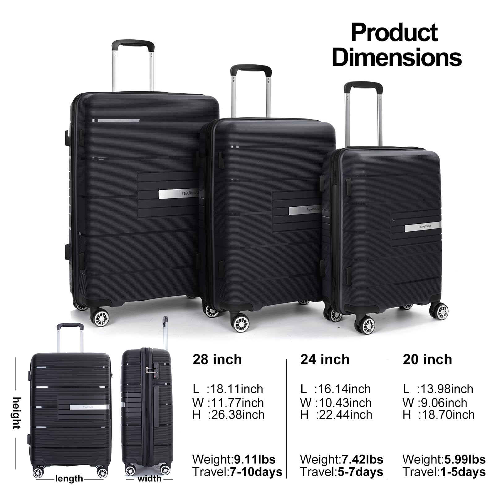 3-Piece Lightweight Hardside Luggage Set with Double Spinner Wheels & TSA Lock (20/24/28 Inch, Black) – Perfect for Air Travel, Business Trips, and Family Vacations