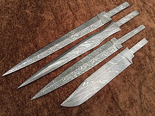 4-Piece Damascus Steel Blank Blades Kit - High-Quality Handmade Knife Making Supplies for DIY Custom Knives | Perfect for Bushcraft, Hunting & Survival Tools