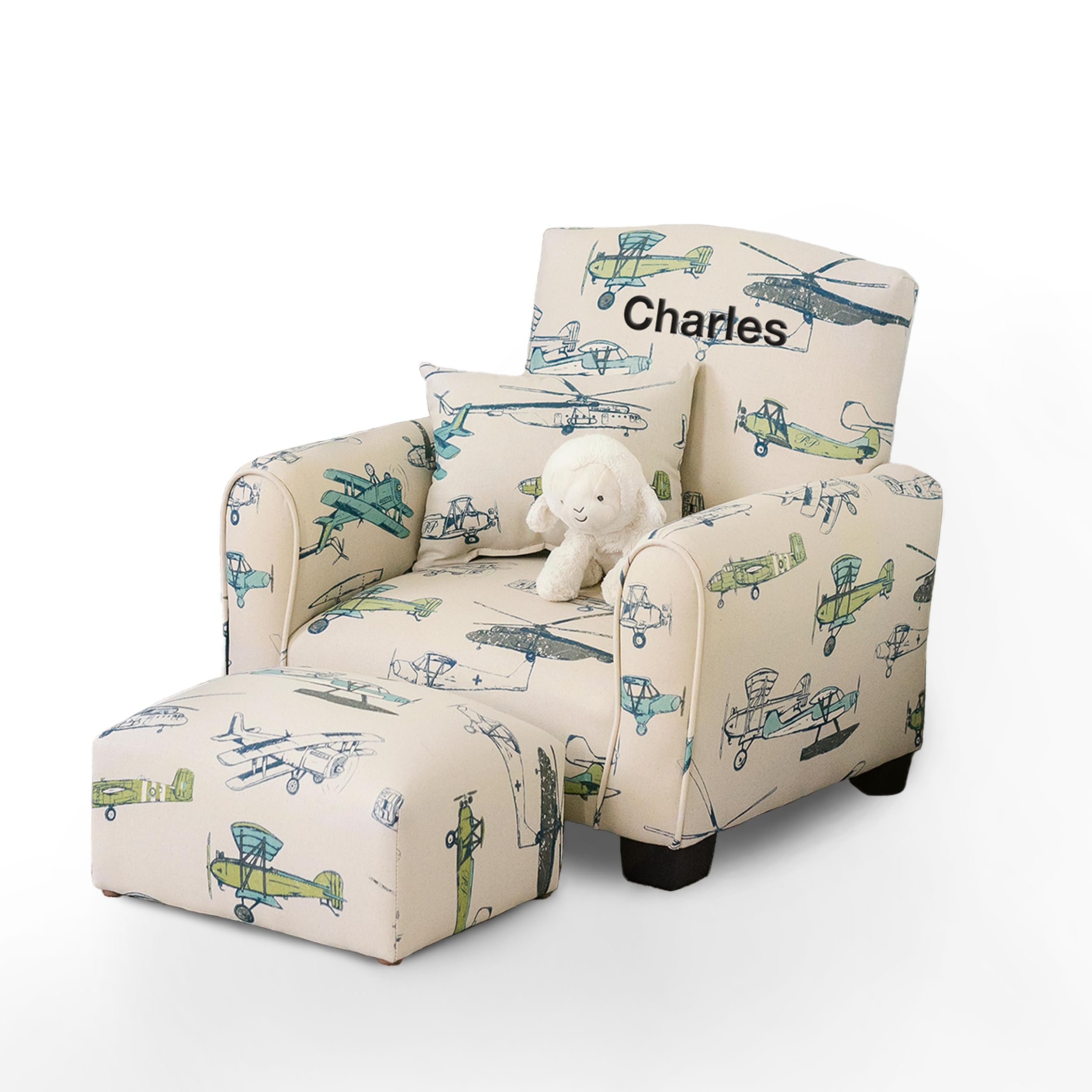 Personalized Kids Upholstered Rocking Chair with Name - Airplane Print Toddler Armchair for Nursery, Bedroom & Playroom - Comfy Personalized Children's Furniture Gift for Boys & Girls