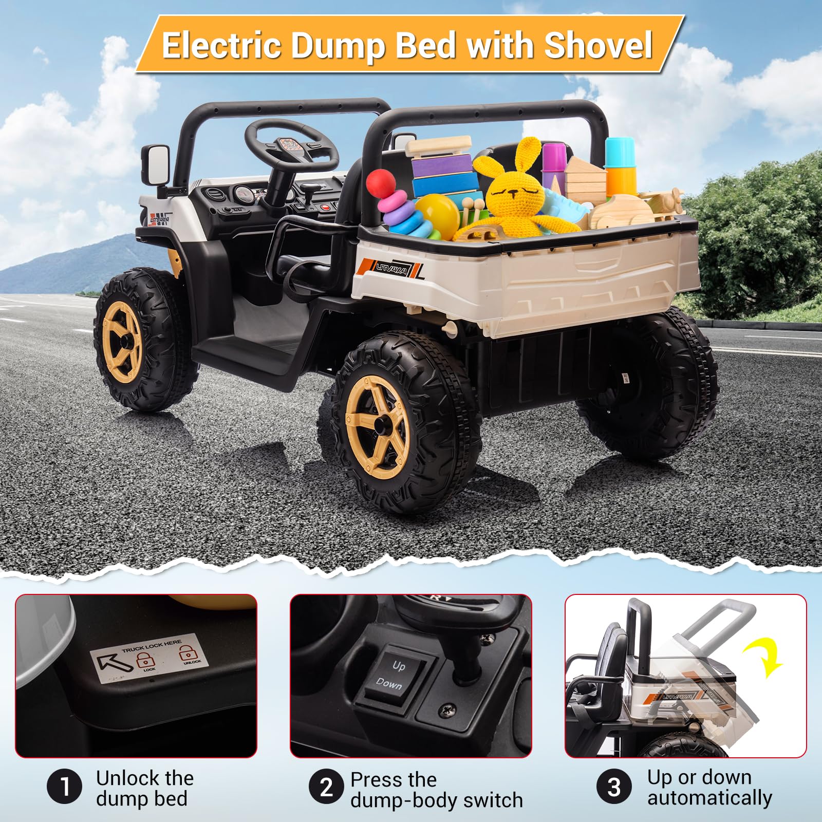 GARVEE 24V Kids Electric Ride On Dump Truck - 6X6 2 Seater Remote Control UTV Battery Powered 6 Wheeler for Boys & Girls Ages 3+ | Outdoor Play, Backyard Fun, Birthday Gift (White)
