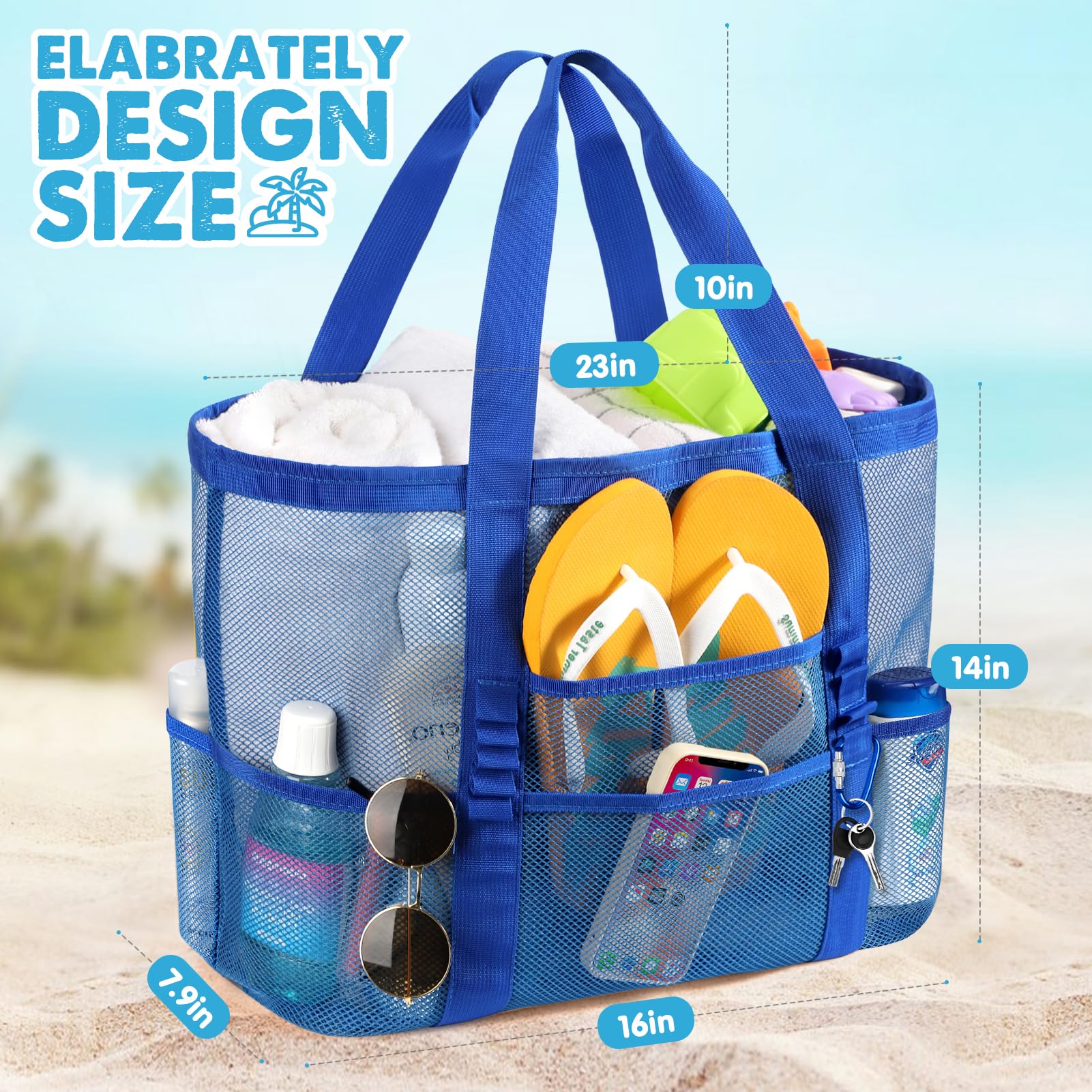 KPX Large Mesh Beach Bag for Women - Foldable Waterproof & Sandproof Tote with Mini Pockets - Perfect for Swimming Pool, Beach Vacation, and Summer Travel Accessories
