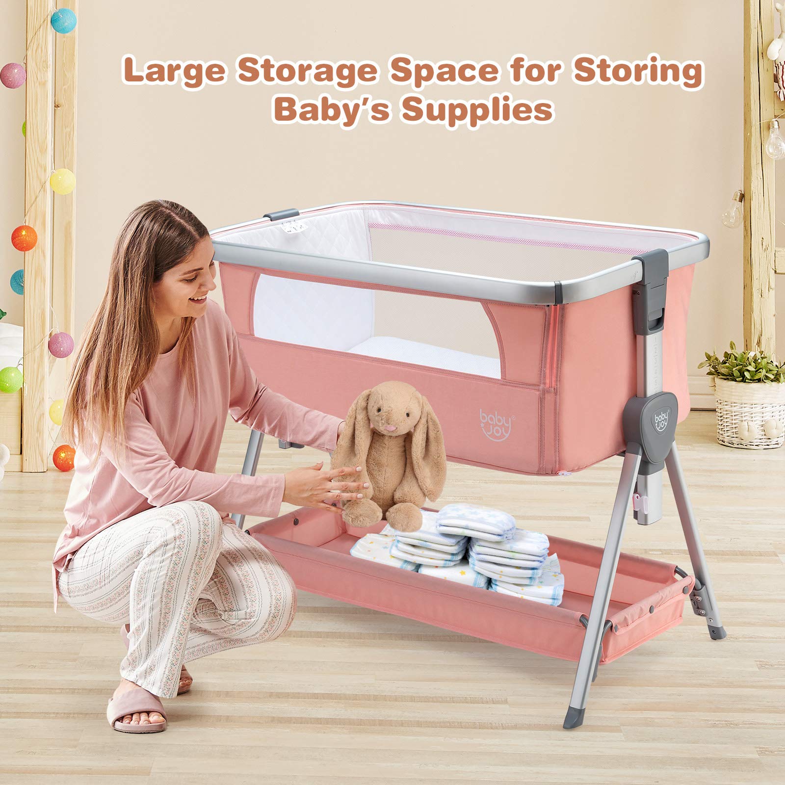 **BABY JOY Portable Bedside Bassinet for Newborns - Adjustable Height, Breathable Mesh, Wheels & Storage - Baby Crib with Mattress for Nursery, Travel & Home Use - Pink**