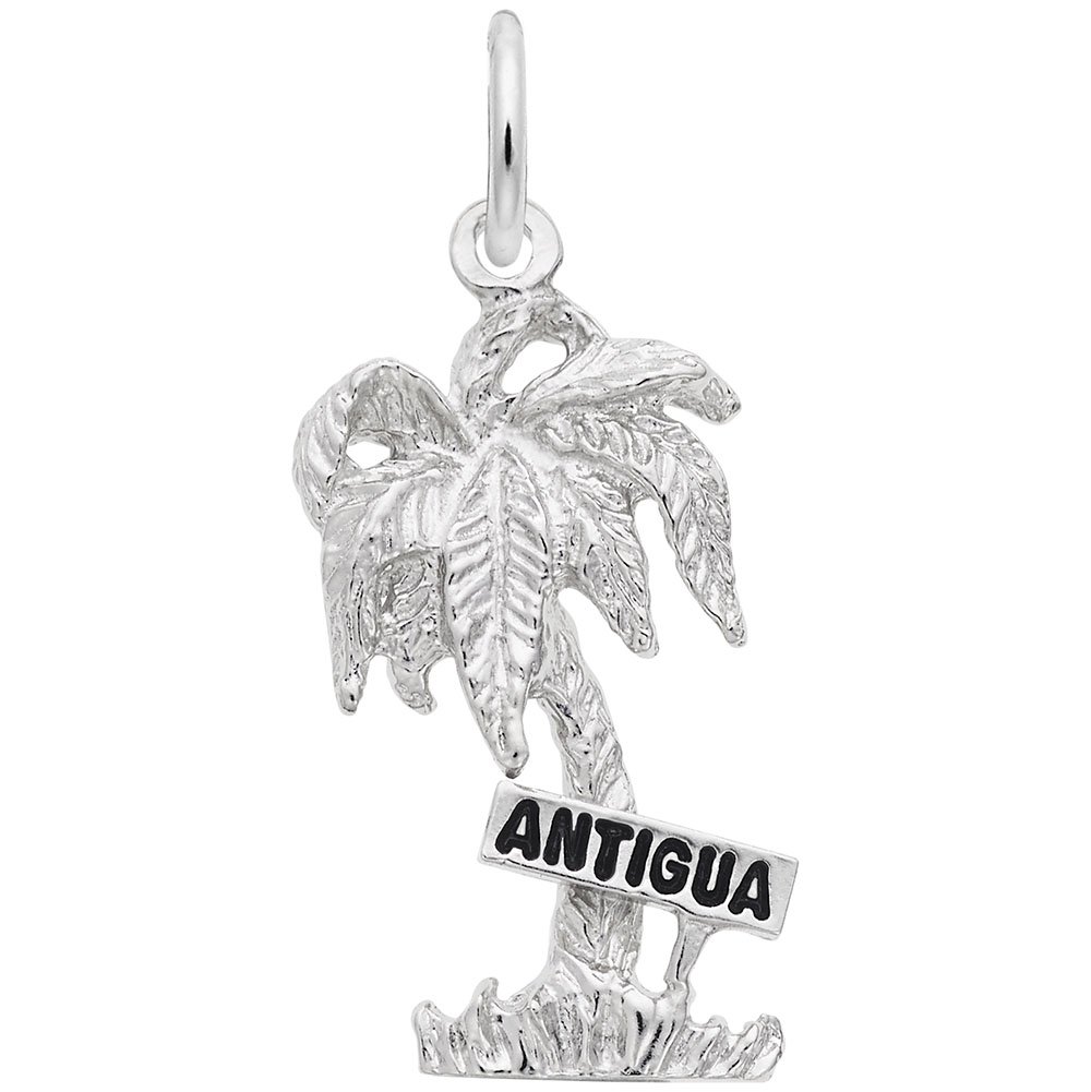 Antigua Palm with Sign Charm - Sterling Silver Jewelry Charms for Bracelets & Necklaces - Perfect for Beach Vacations, Tropical Parties & Gift Giving