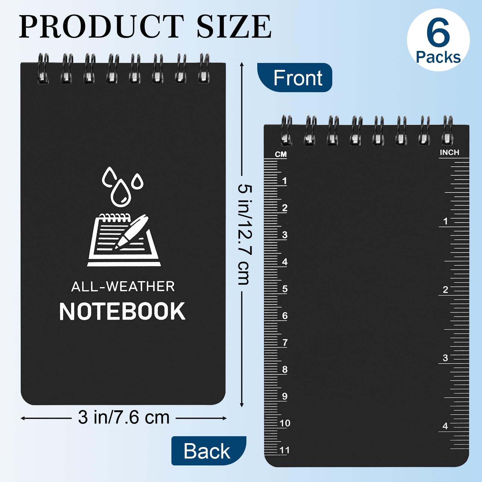 Waterproof Pocket Notebook Mini Notepads 3x5 Inches - 6 Pack All Weather Spiral Notepad for Writing in Rain | Durable Outdoor Journal for Camping, Hiking & Field Work | Perfect for Office, School & Home Use (Black Cover)
