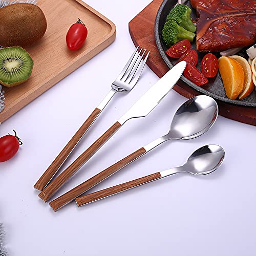 24-Piece Stainless Steel Silverware Set - Luxury Dinnerware Cutlery with Imitation Marble Wood Grain Handle (Knife, Fork, Spoon) - Elegant Table Setting for Weddings, Parties & Fine Dining (White)