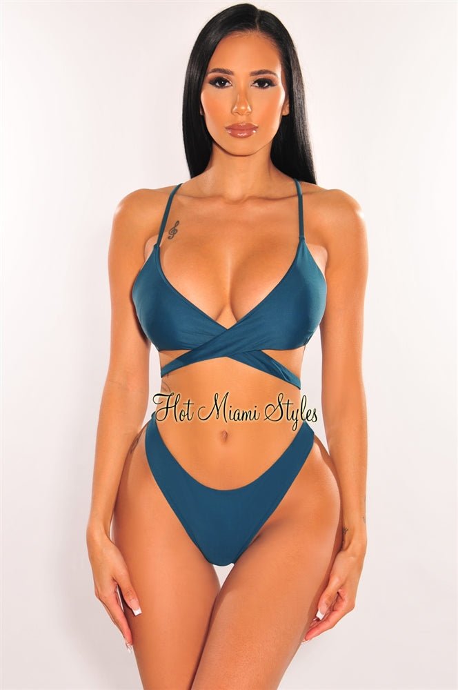 Teal Padded Crochet Bikini Set - Sexy Spaghetti Strap Wrap Around Swimwear for Women | Perfect for Beach Vacation, Pool Party & Summer Getaway