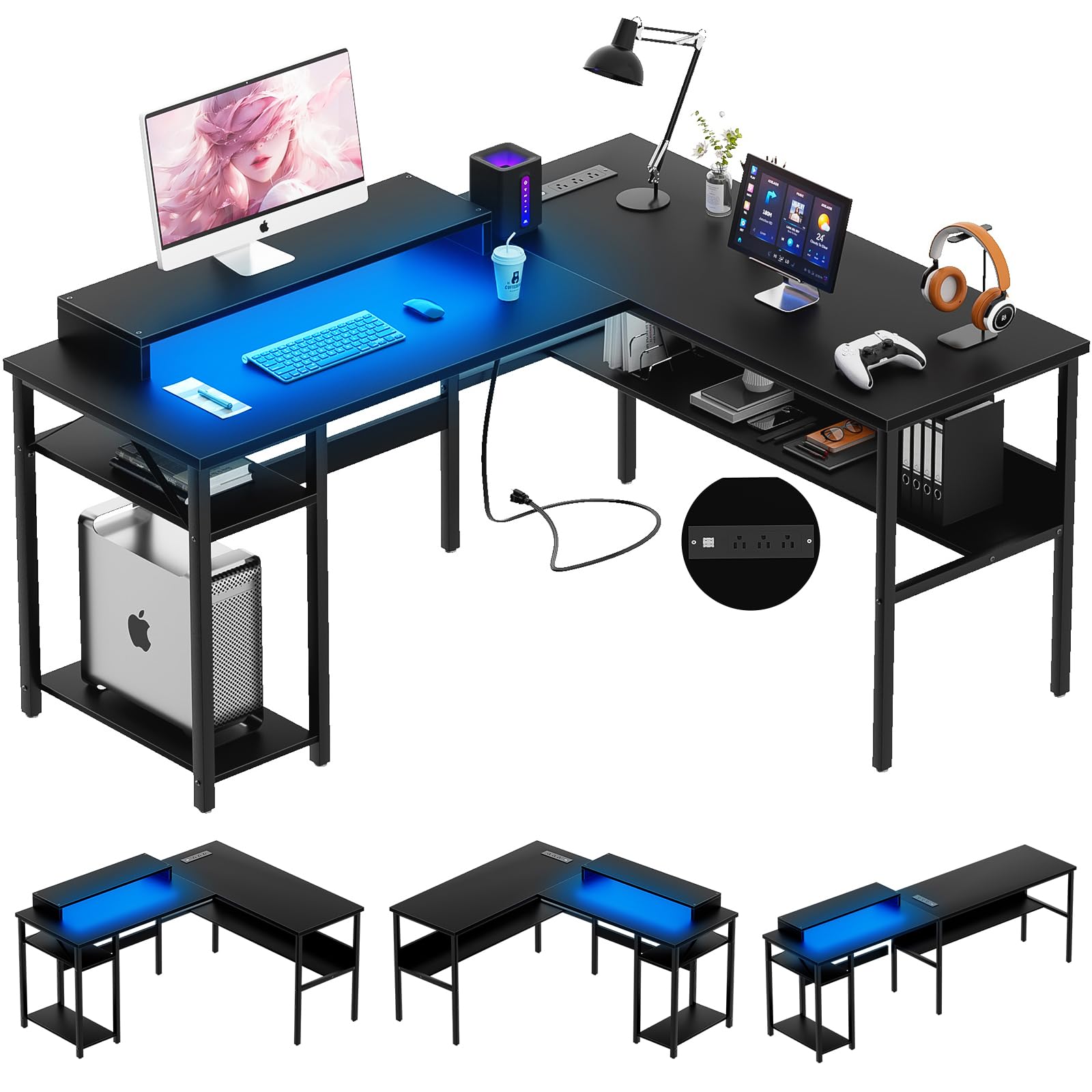 Reversible L-Shaped Desk with USB Power Outlets & LED Light - Sturdy Corner Computer Desk with Monitor Stand & Storage Shelves - Gaming & Home Office Desk - Easy Assembly - Black - Perfect for Small Spaces & Multi-Monitor Setups