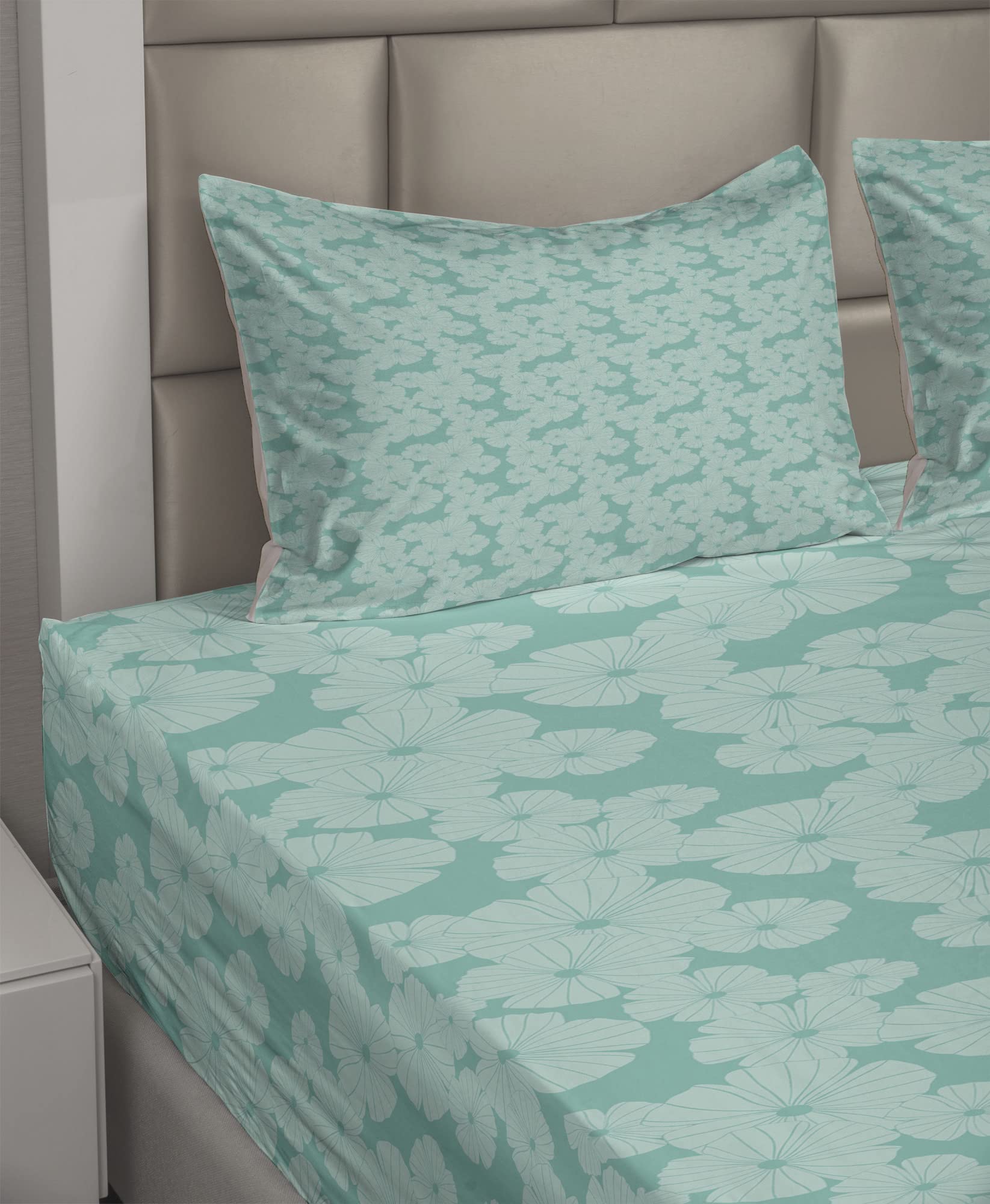 Ambesonne Floral King Sheet Set - 4 Piece Monochrome Flower Petals Design Bedding with Fitted Sheet, Flat Sheet & Pillowcases - Seafoam & Pale Seafoam - Perfect for Master Bedroom, Guest Room & Vacation Homes