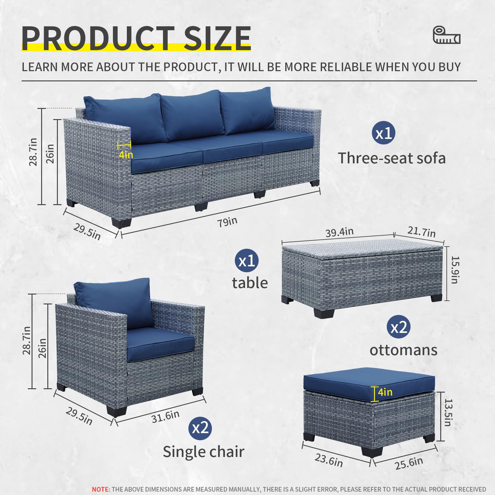 6-Piece Wicker Patio Furniture Set, Outdoor PE Rattan Sectional Sofa with Storage Table & Royal Blue Cushions - Perfect for Garden, Poolside, and Backyard Relaxation