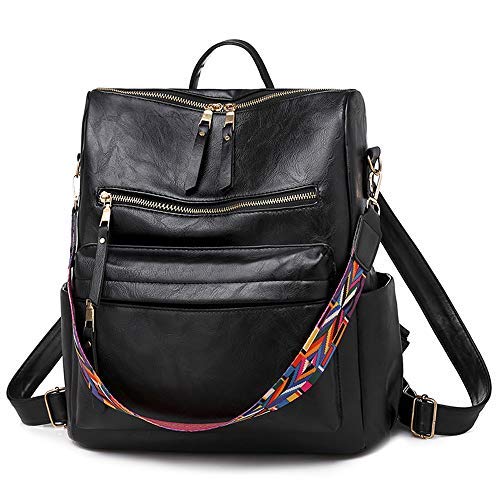 Stylish Women's Convertible Backpack Purse - Fashionable Daypack with Colorful Straps, Shoulder & Handbag Carry Options (Black) - Perfect for Work, Travel & Daily Use