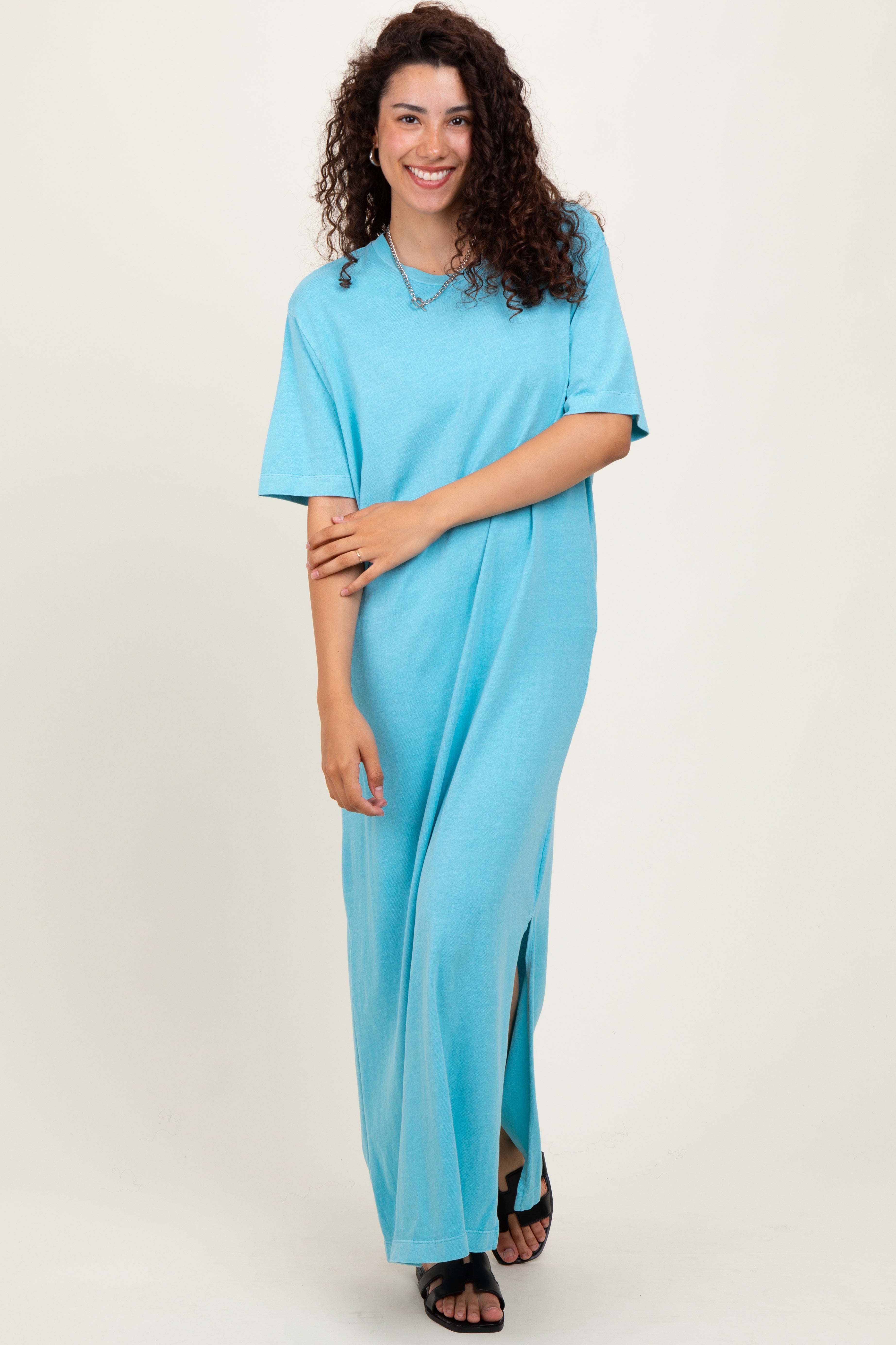 Aqua Short Sleeve Knit T-Shirt Maxi Dress for Women - Comfortable Summer Beach Dress, Casual Loungewear & Vacation Outfit