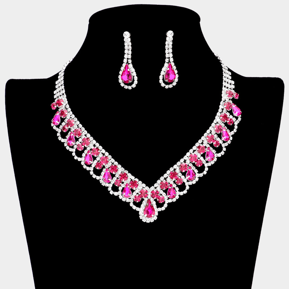 Fuchsia Teardrop and Round Stone V-Shaped Prom Necklace Set | Elegant Evening Jewelry for Dances, Weddings & Special Occasions | 382105