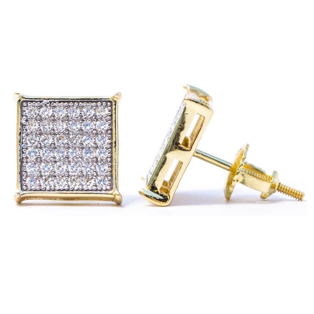 10mm 5A CZ Iced Hip Hop Stud Earrings for Men - Hypoallergenic 925 Sterling Silver with Gold Plating - Screw Back Post Earrings for Everyday Wear & Special Occasions