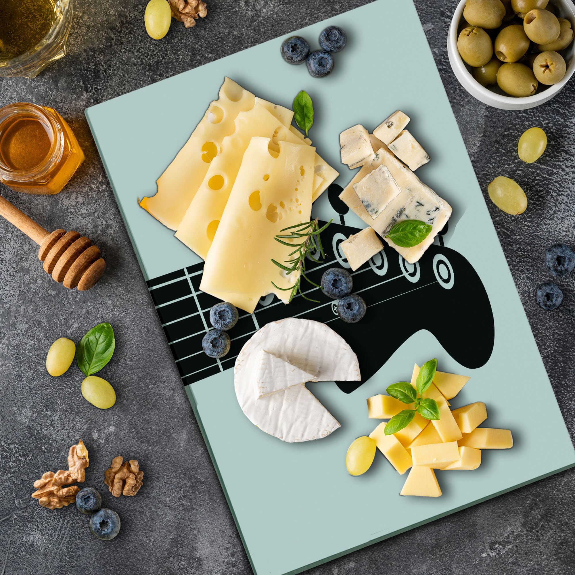 Ambesonne Guitar-Shaped Tempered Glass Cutting Board - Monochrome Half Guitar Design with Strings, Large Charcoal Grey & White Serving Board for Kitchen, Dining, and Party Decor