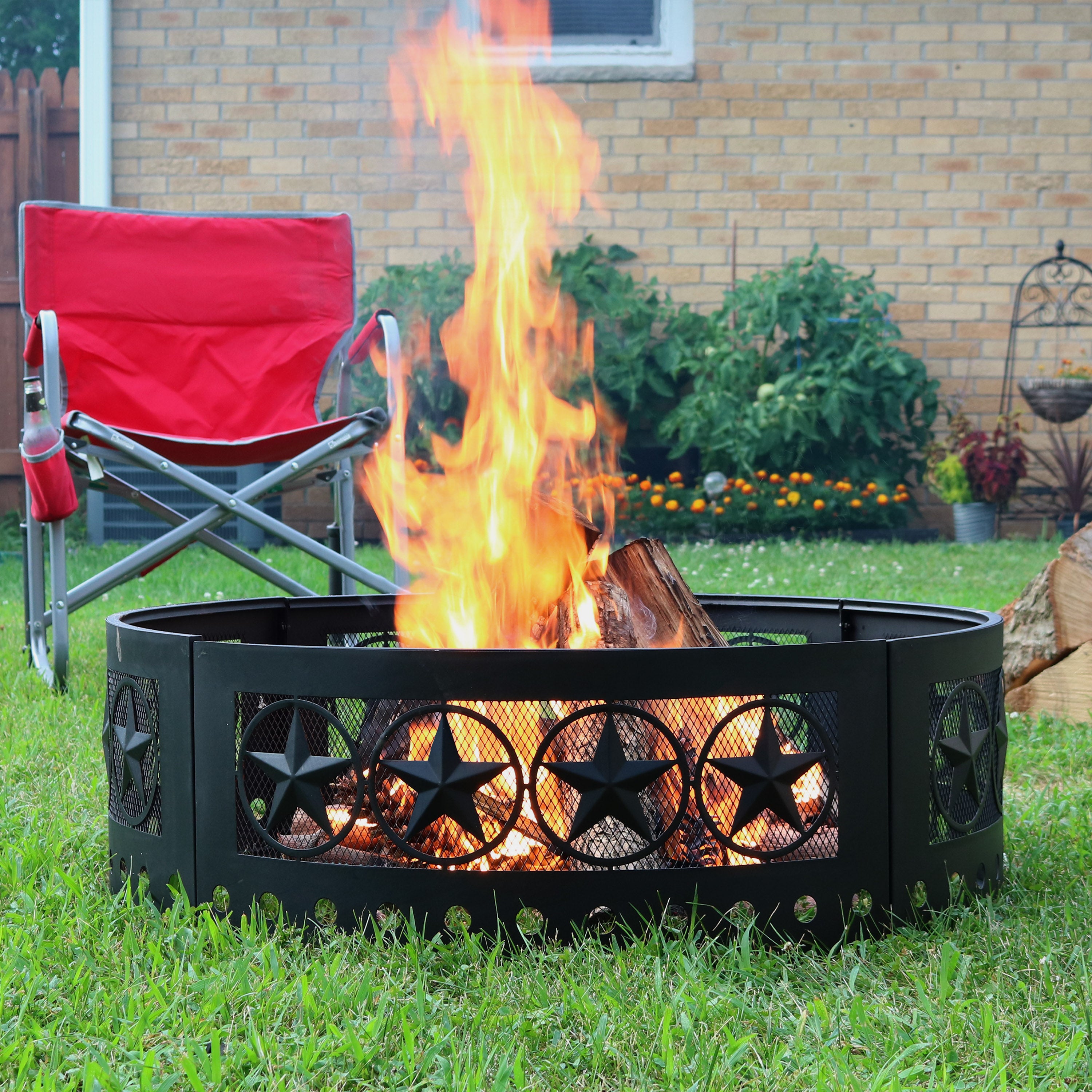 Heavy Duty 36-Inch Four Star Campfire Ring by Sunnydaze - Perfect for Backyard Bonfires, Camping & Outdoor Gatherings