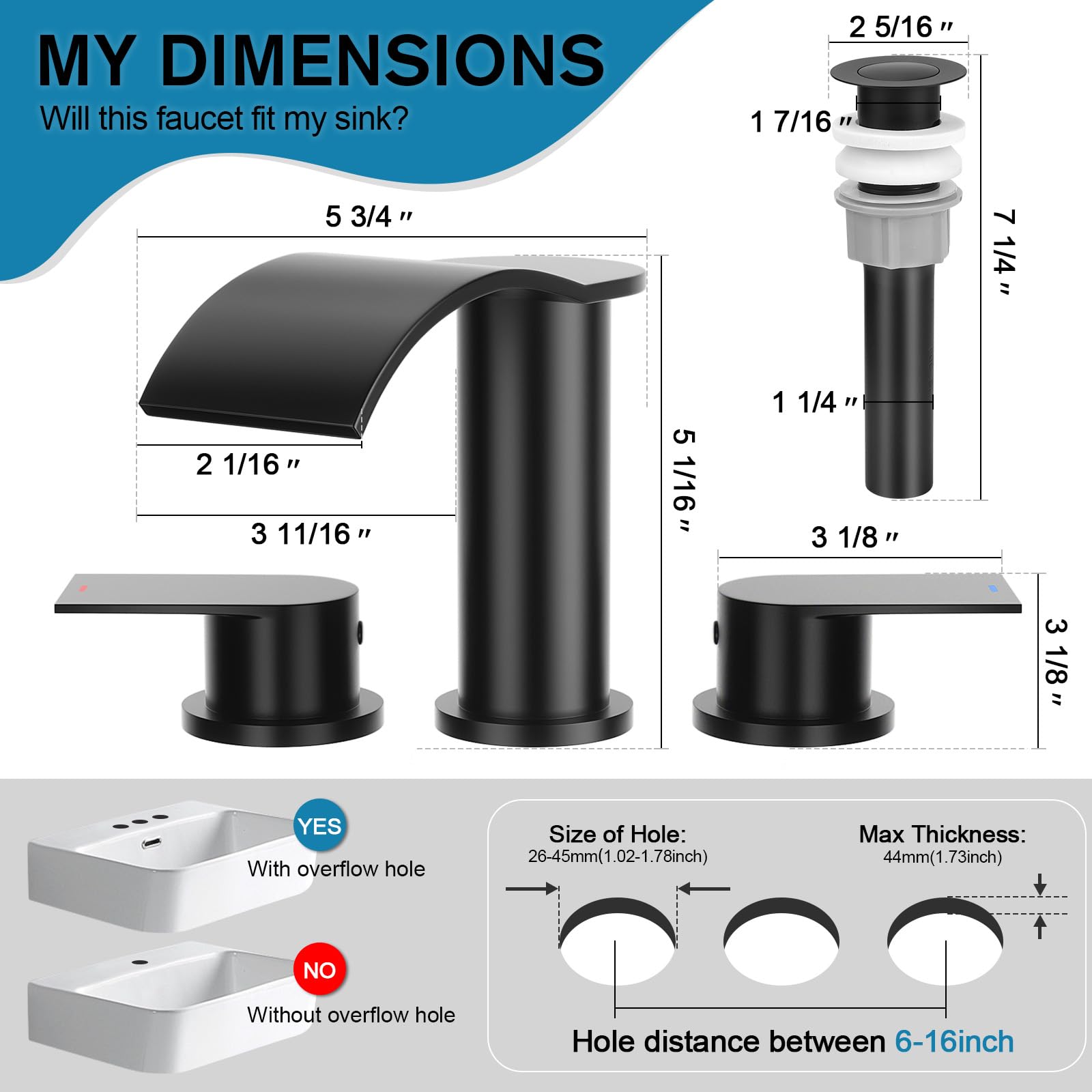 2 Handle Widespread Waterfall Bathroom Faucet with Metal Pop-up Drain & cUPC Supply Hoses - Matte Black Stainless Steel for 3 Hole Sink - Perfect for Modern Bathroom & Powder Room Renovations