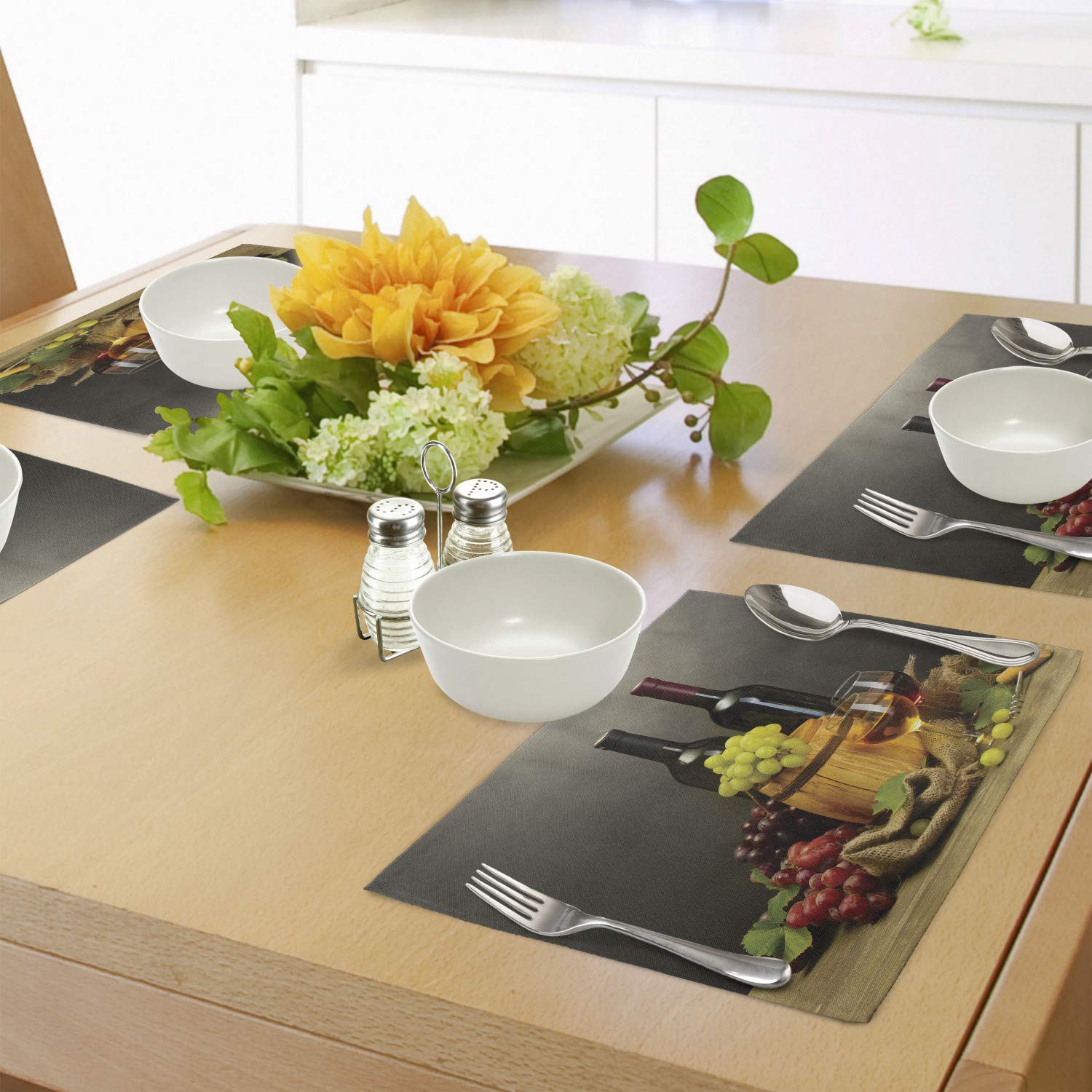 Ambesonne Winery Place Mats Set of 4 - Wine Bottle & Grape Design Washable Fabric Placemats for Dining Table - Standard Size Grey Taupe - Perfect for Dinner Parties, Wine Tasting Events & Home Decor