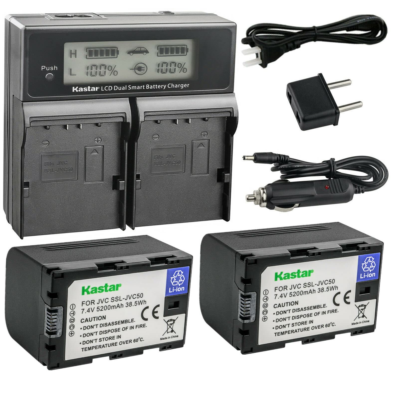 Kastar 2-Pack SSL-JVC50 Replacement Battery & CH04 LCD Dual Fast Charger for JVC GY-HMQ10/GY-HMQ10E/GY-LS300/GY-LS300CHU/GY-HM200 Series Cameras - Perfect for Sports Videography & Outdoor Filming