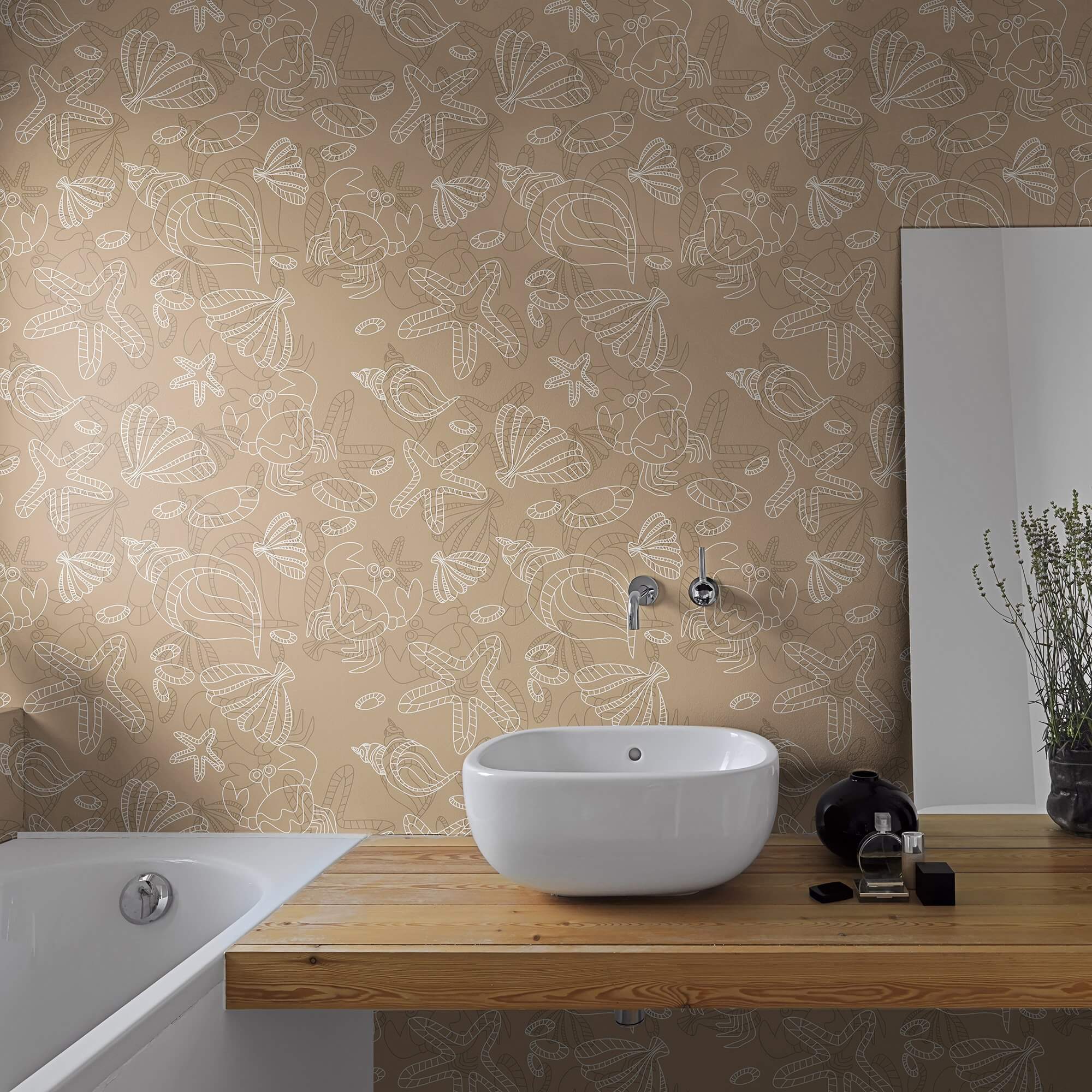 Beige and White Fish Nautical Peel and Stick Removable Wallpaper - Self-Adhesive Decorative Wall Covering for Bedroom, Bathroom, Nursery & Home Decor