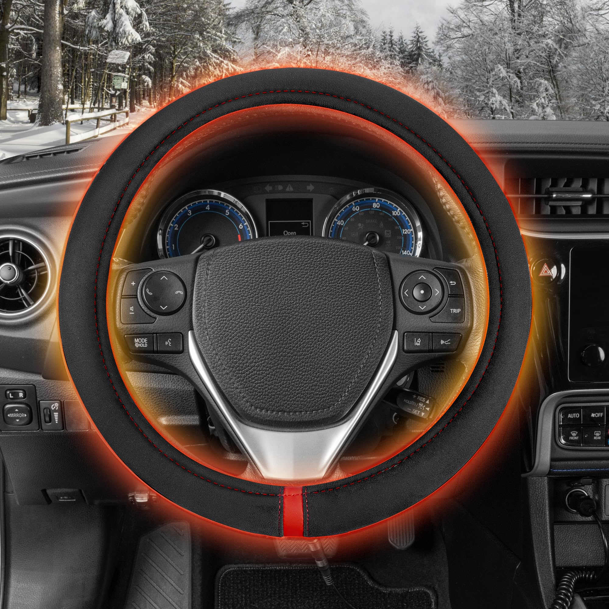 Motor Trend WarmGrip Heated Steering Wheel Cover - Fast Heating Hand Warmer for Cars, Trucks, Vans & SUVs (14.5-15.5 Inch, Black/Gray) - Perfect for Cold Winter Mornings & Long Road Trips