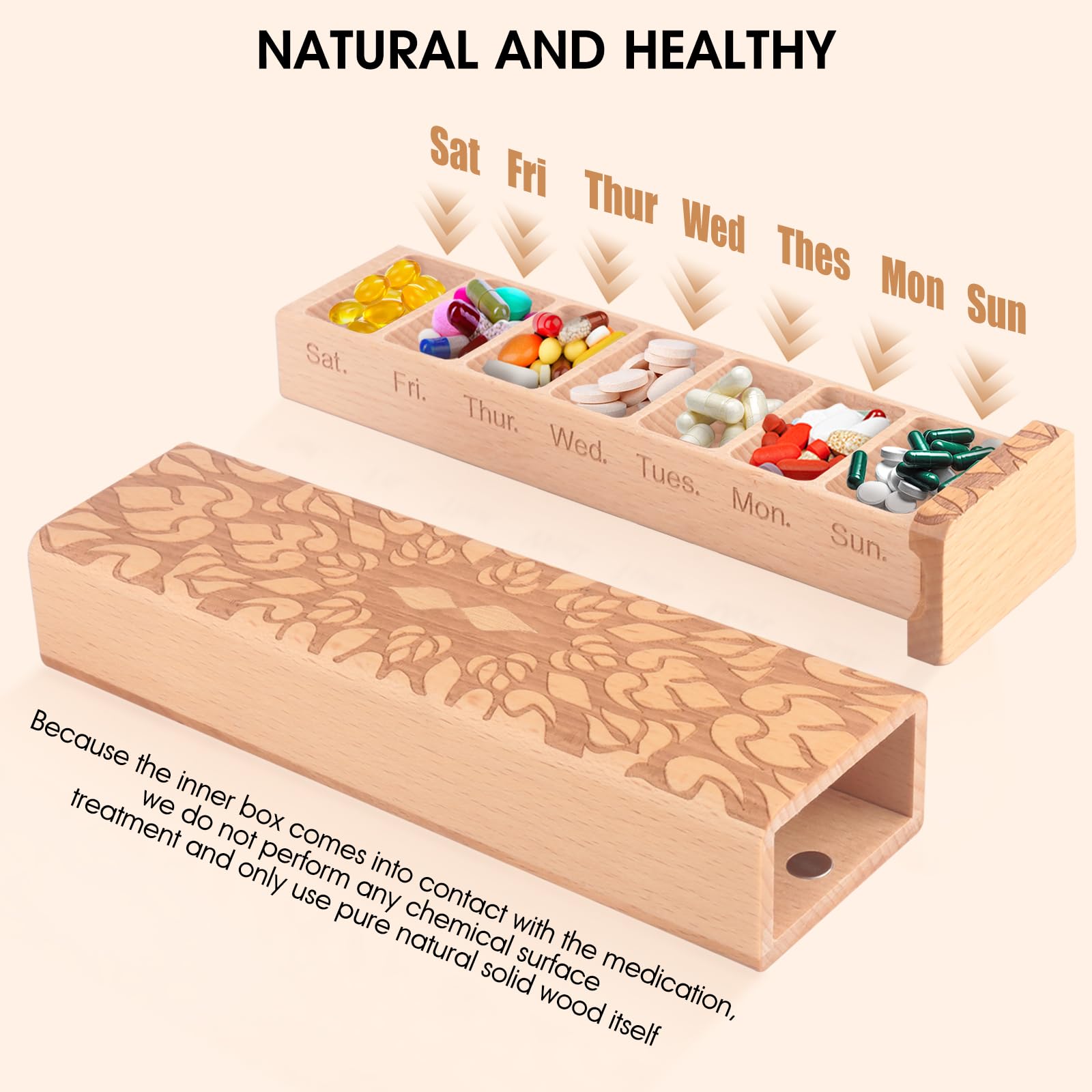 7-Day Wooden Weekly Pill Organizer - Daily Pill Box for Medication Tracking, Travel-Friendly & Safe, Compact Design for Easy Portability (Light) | Perfect for Home, Office, and Travel Use