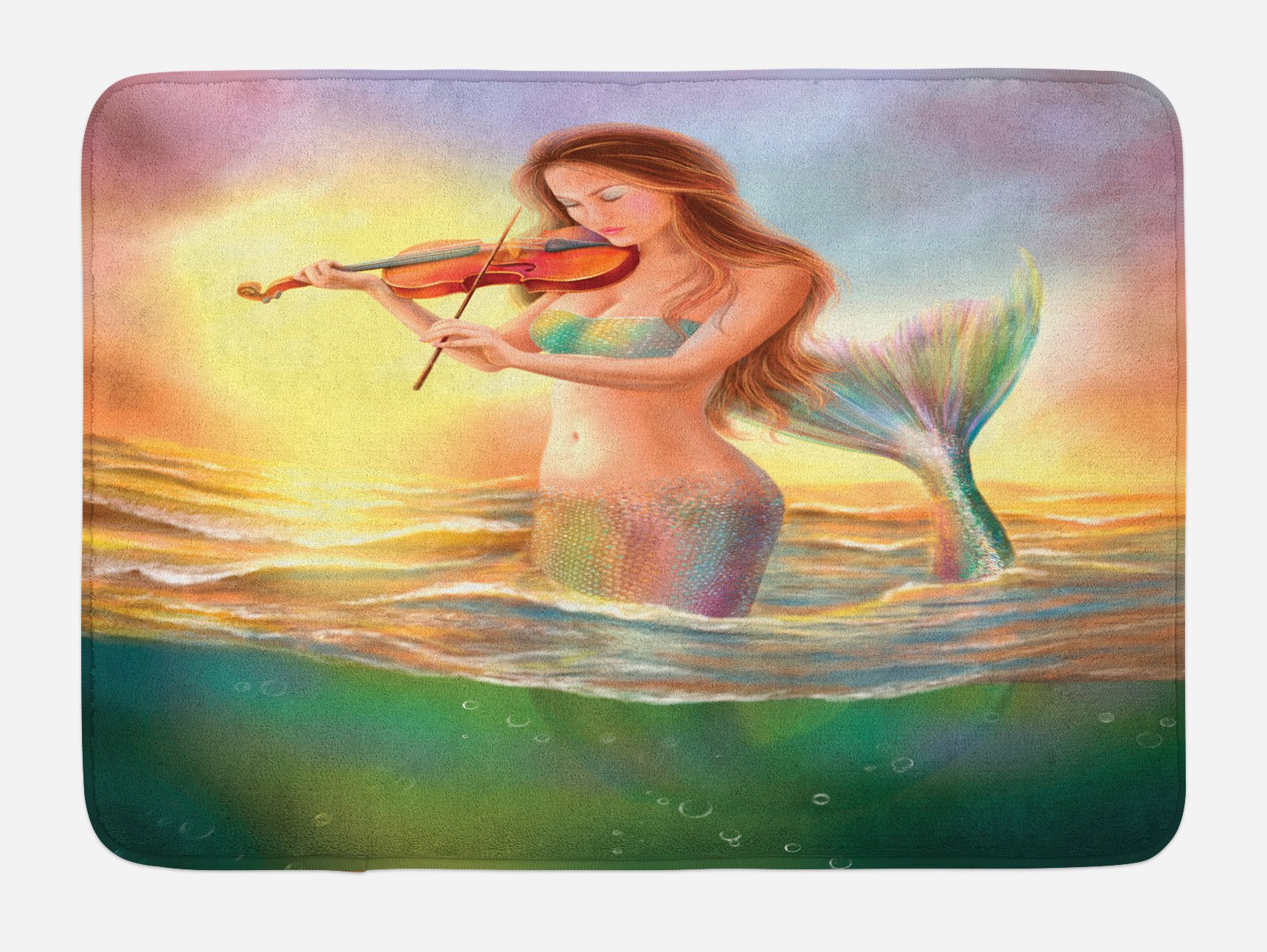 Ambesonne Non-Slip Mermaid Bath Mat - Colorful Realistic Design with Violin Playing Mermaid at Sunset, Soft Plush Bathroom Decor Rug, 30.2