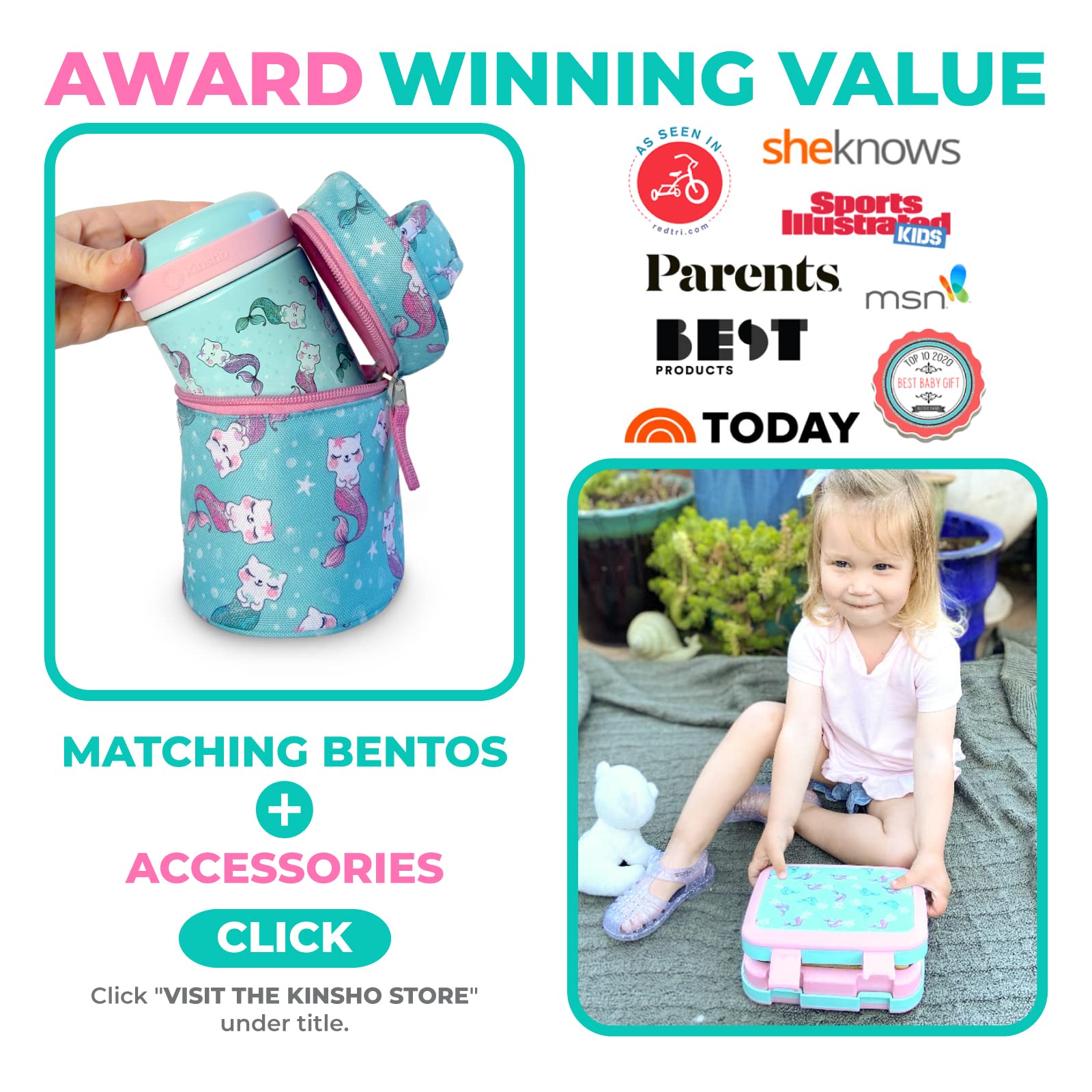 Insulated Lunch Box with Ice Pack for Girls & Kids - Leak-Proof Thermal Food Container for Daycare, Preschool & Kindergarten - Cute Mermaid Cat Design in Aqua & Pink - Perfect for School, Picnics & Travel Snacks