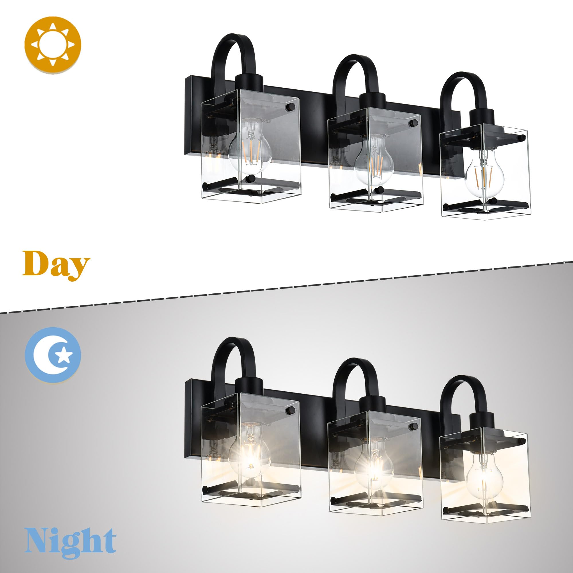 Modern Black Bathroom Light Fixtures - 3-Light Industrial Wall Sconces for Vanity Mirror, Farmhouse Style Bath Lighting for Above Mirror - Perfect for Bathroom, Powder Room & Dressing Room Makeup Lighting