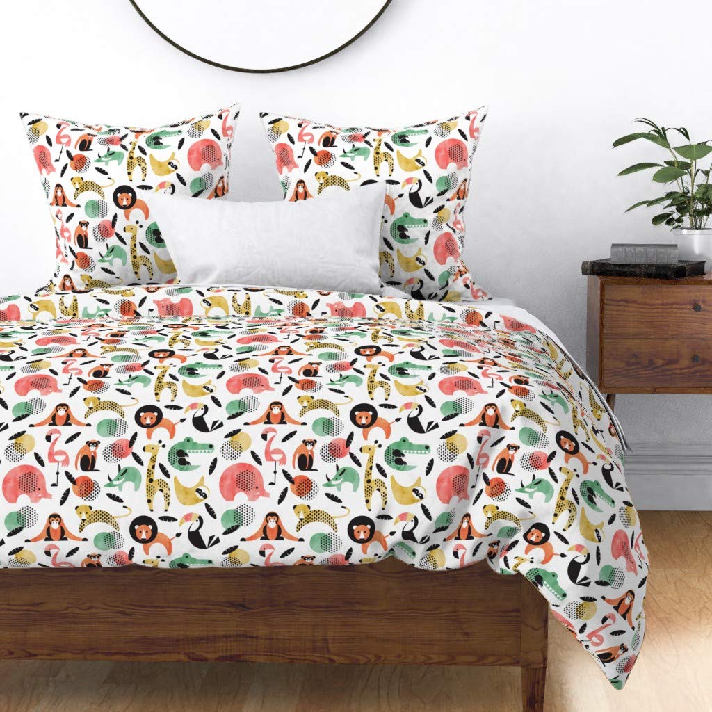 Memphis Style Jungle Animals Pastel Duvet Cover - Twin Size 100% Cotton Sateen Bedding Set | Colorful Zoo Print for Kids Room, Modern Nursery Decor, Gender Neutral Baby Shower Gift | Perfect for Toddler Bedrooms & Guest Rooms
