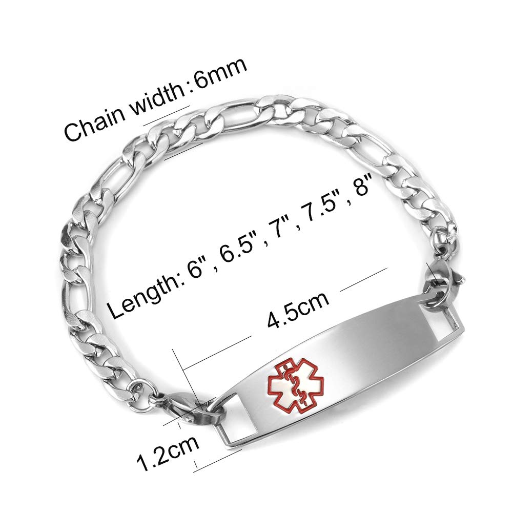 AMOZO JEWELRY Custom Medical Alert ID Bracelet - Stainless Steel Figaro Chain Emergency Bracelet for Women & Girls | Perfect for Allergies, Diabetes & Medical Conditions