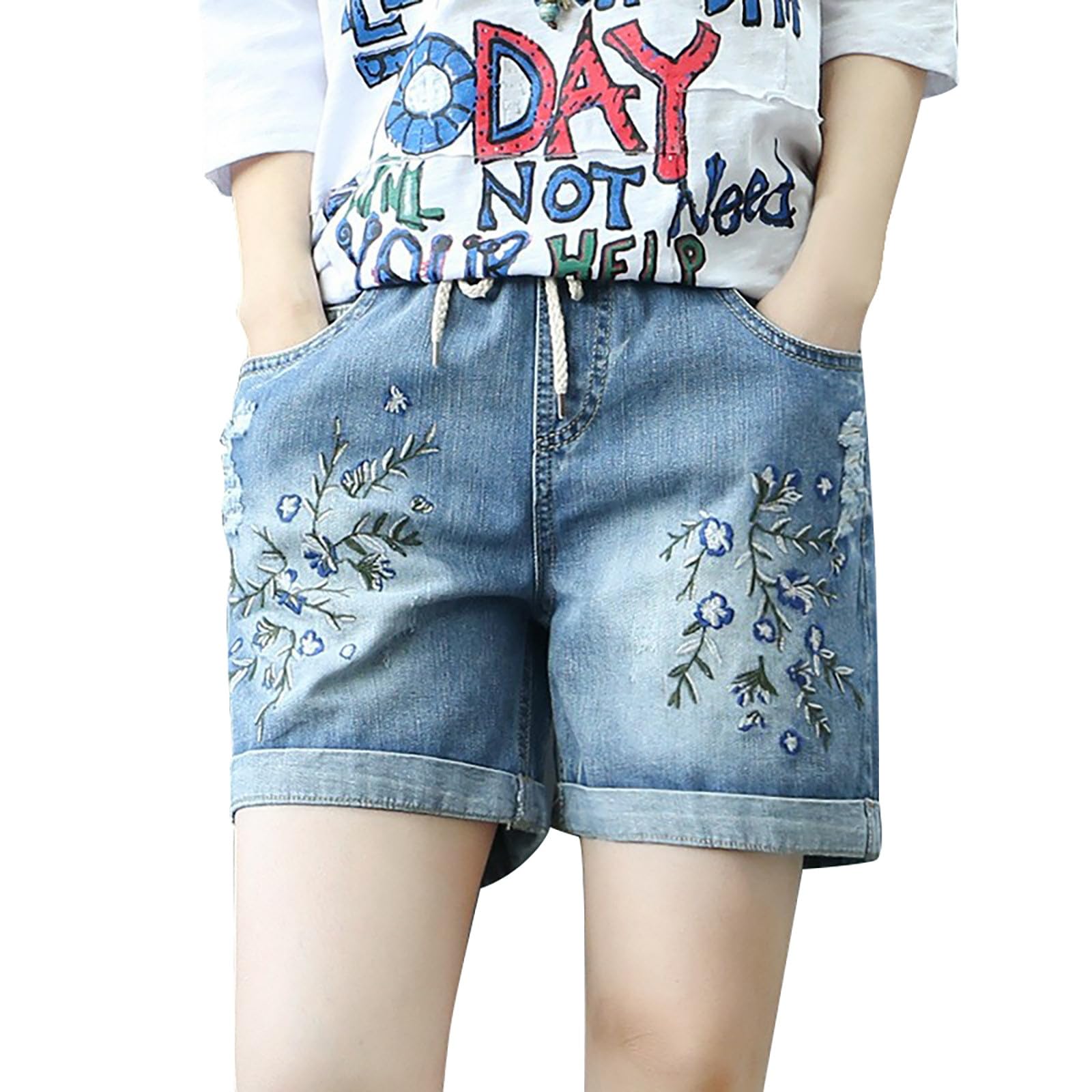 Women's Summer Denim Shorts - National Wind Embroidery Design, High Waist Loose Fit Distressed Jeans for Casual Wear | Beach, Street Fashion & Vacation Outfits