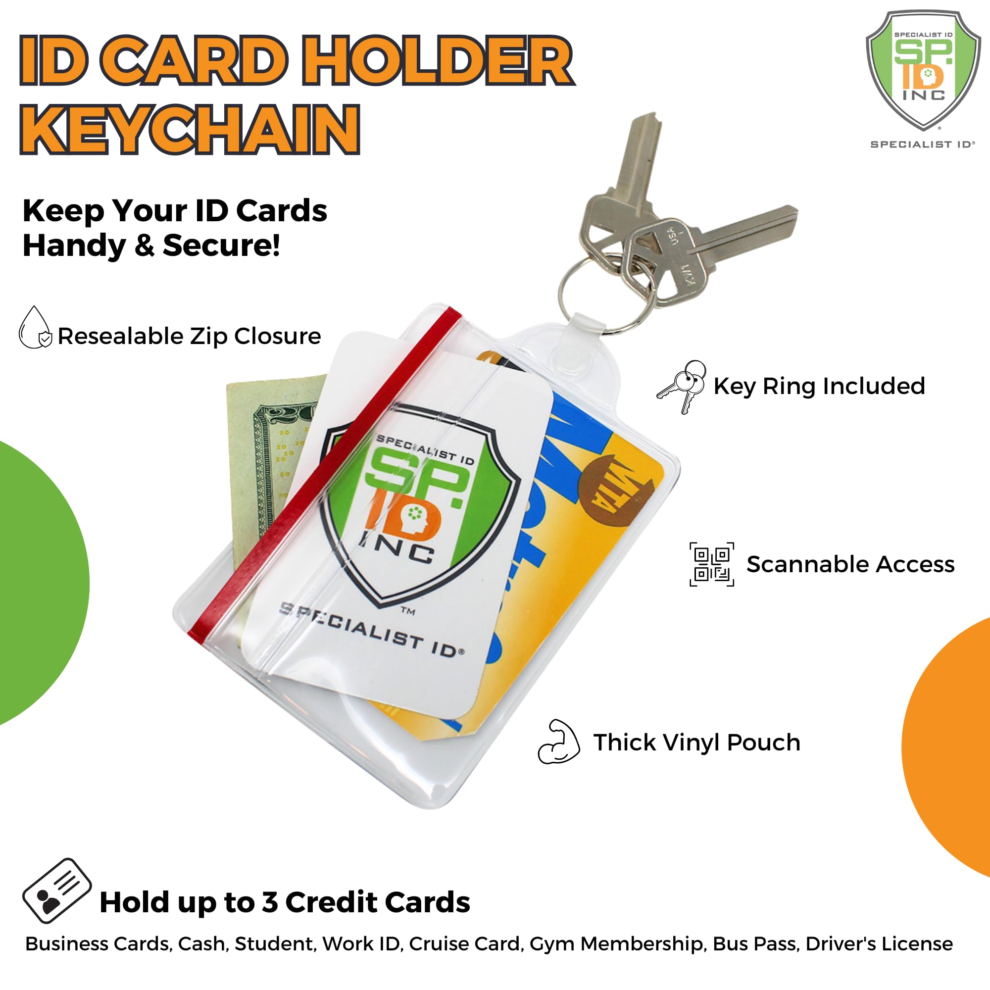 100 Pack Waterproof Resealable ID Badge Holders with Key Ring & Zip Seal - Bulk College Student ID Card Holders, Fuel Card Protectors - Durable Keychain Card Organizer for School, Work & Events