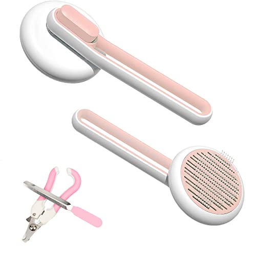 Self Cleaning Cat Brush for Shedding & Grooming - Pet Hair Brush for Short/Long Haired Dogs & Cats - Massage Brush Removes Loose Undercoat - Includes Nail Clippers & Nail File (Pink) - Perfect for Home Grooming & Pet Bonding Time