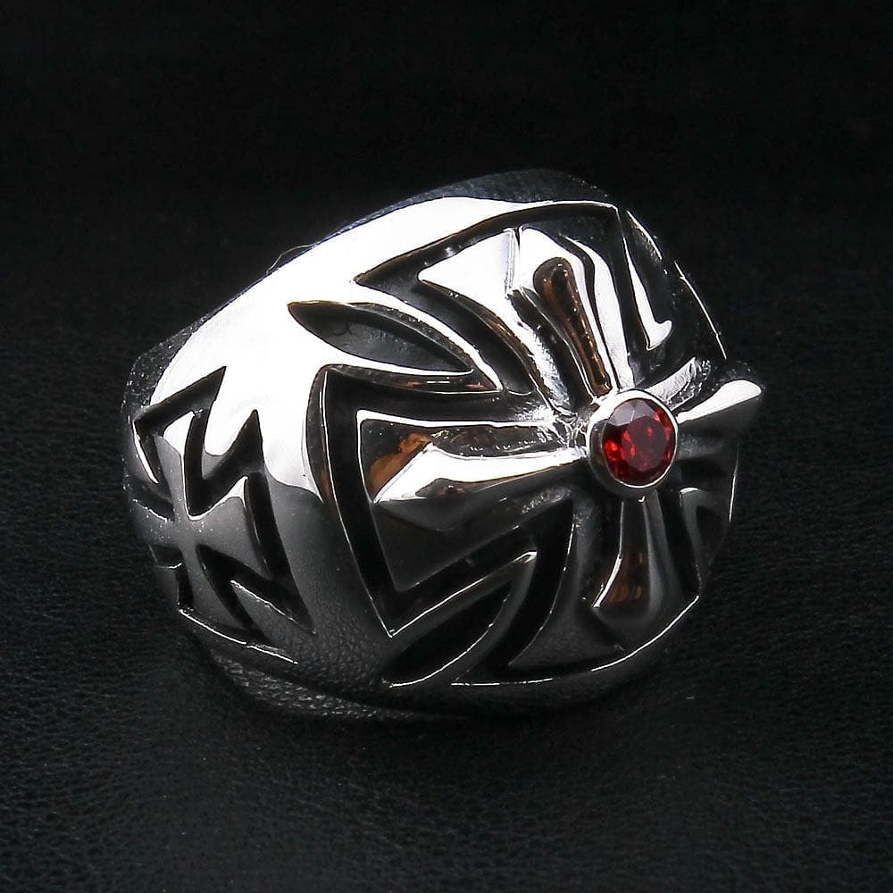Genuine Garnet Sterling Silver Biker Cross Ring for Men & Women - Gothic Punk Jewelry for Motorcycle Riders & Fashion Enthusiasts