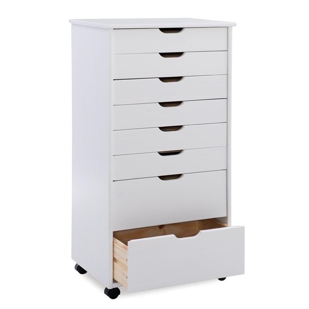 8-Drawer White Wash Wood Storage Cart - Transitional Style Organizer for Bedroom, Bathroom, or Office Storage