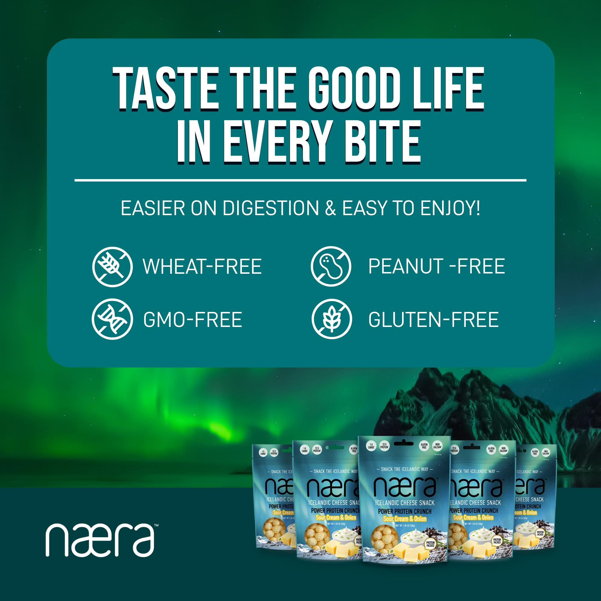 Næra Icelandic - 5-Pack Sour Cream & Onion 100% Cheese Protein Snacks | Keto, Gluten-Free, High Protein, All-Natural | Crunchy Power Snack for Adults & Kids (1.05 oz Each) | Perfect for On-the-Go, School Lunches & Low-Carb Diet