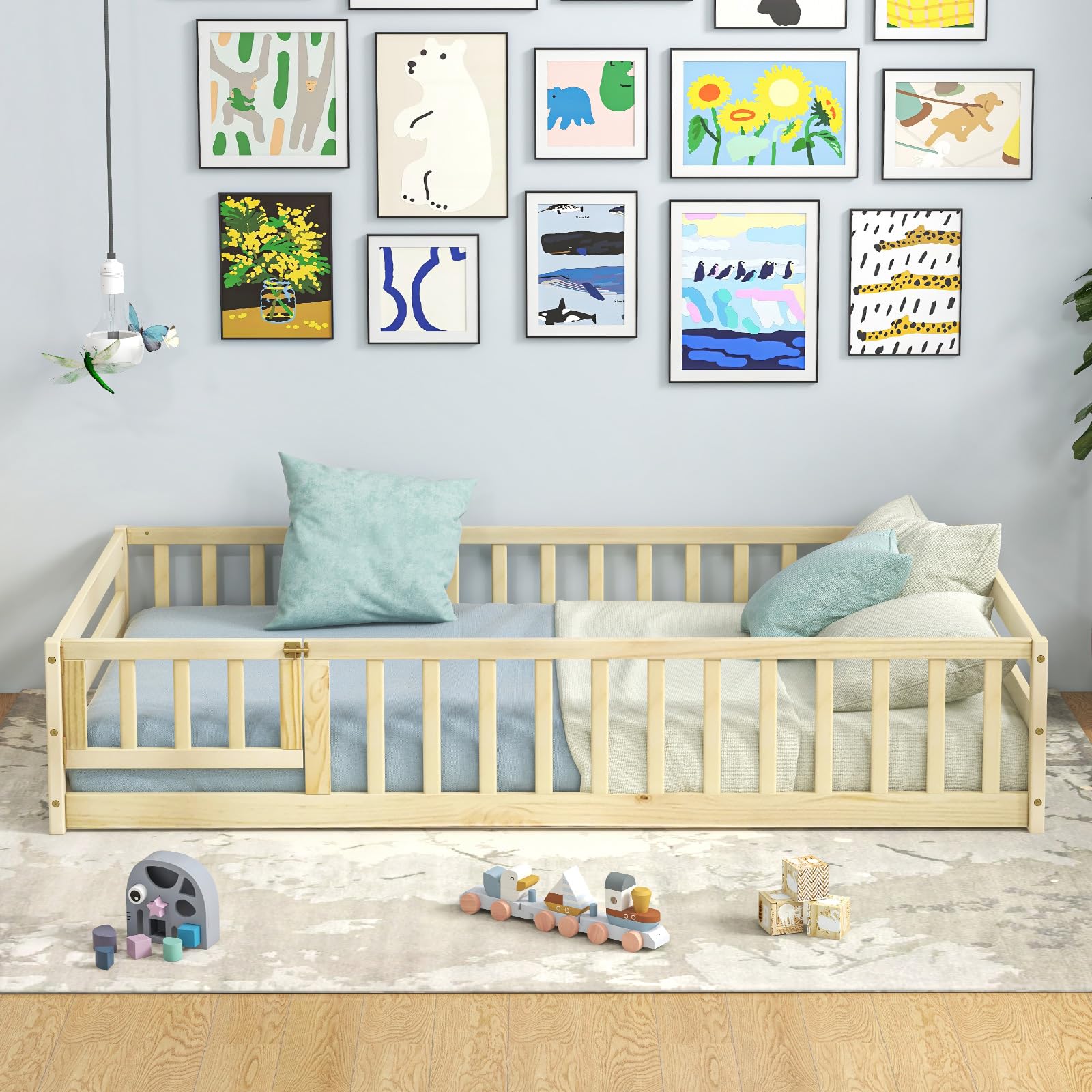**Giantex Twin Floor Bed with Door & Safety Fence - Wooden Montessori Kids Bed Frame for Boys & Girls, No Box Spring Needed, Natural Finish - Perfect for Montessori Rooms, Toddler Bedrooms & Play Areas**