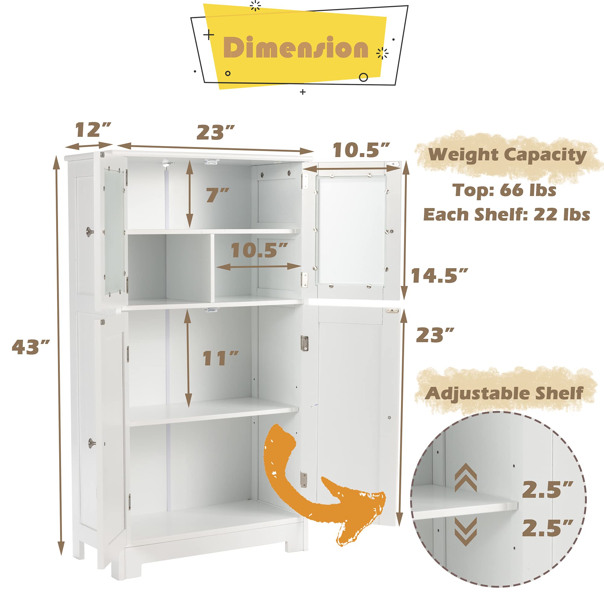 LOKO White Bathroom Floor Cabinet with Glass Doors - Wooden Storage Cabinet with Adjustable Shelf for Bathroom, Kitchen & Living Room - Perfect for Organizing Towels, Dishes & Home Decor Items