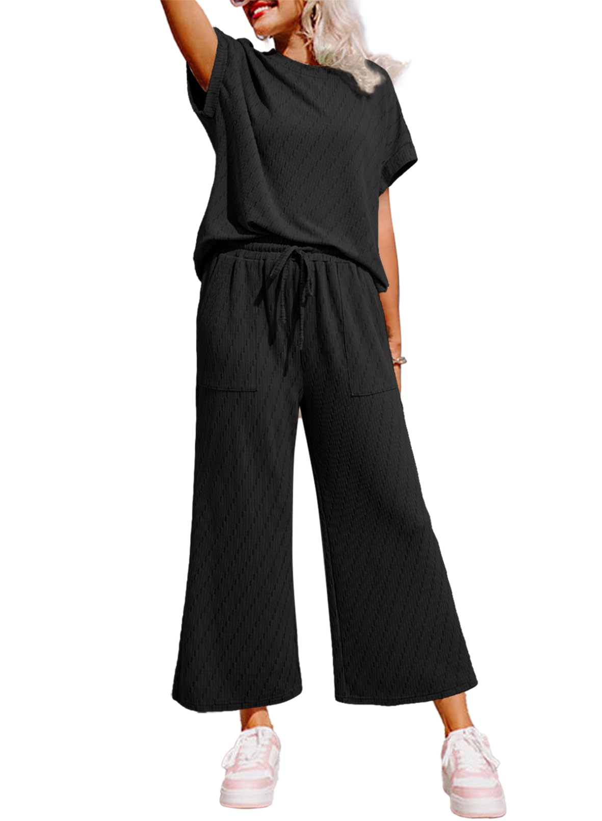 Dokotoo Women's 2-Piece Casual Outfit - Short Sleeve Summer Top & High Waist Wide Leg Pants Lounge Set | Comfortable Loungewear for Home, Travel & Relaxation