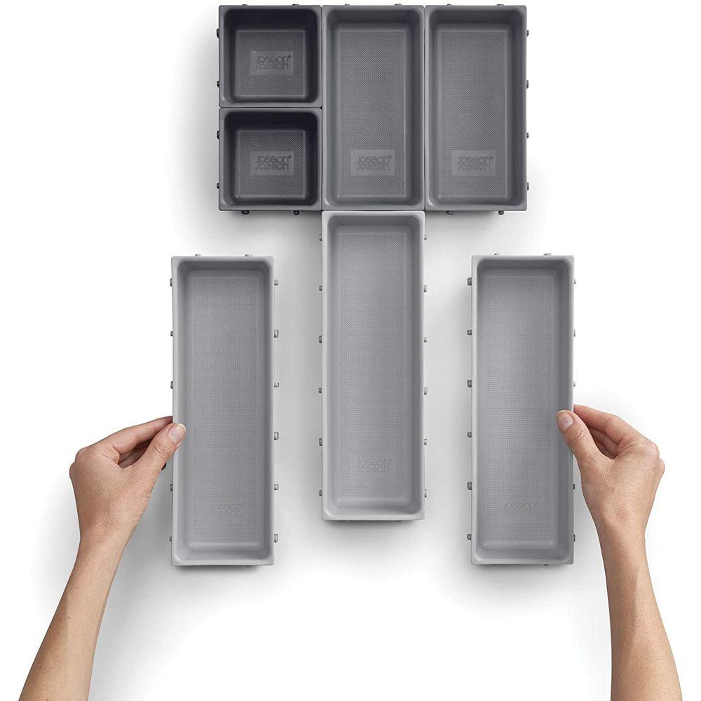 Joseph Joseph Blox 7-Piece Drawer Organizer Set - Space-Saving Kitchen & Bathroom Storage Solution for Utensils, Makeup & Office Supplies (Grey)