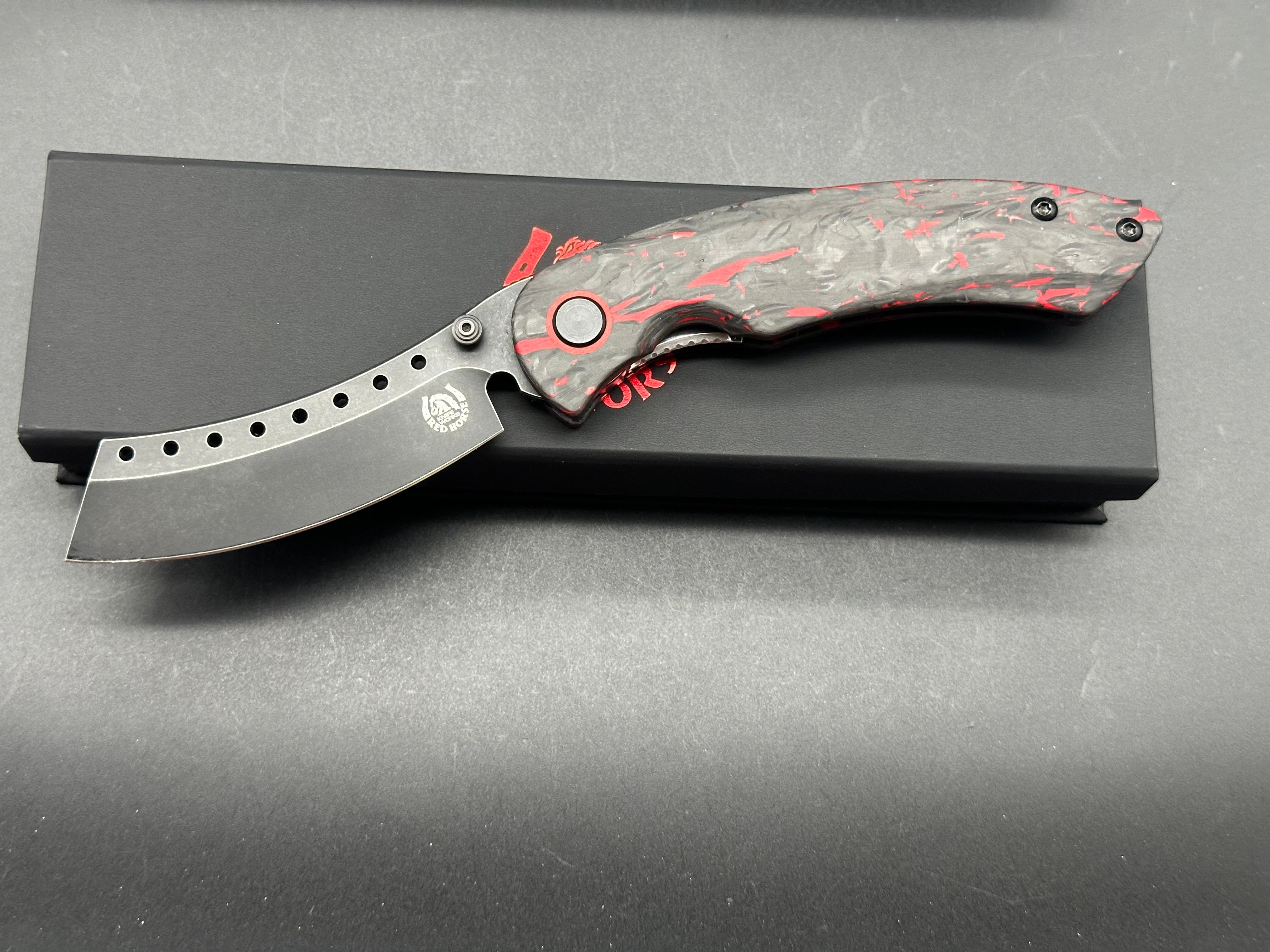 Premium Red Horse Hell Razor P Series Folding Knife - Black/Red Marbled Carbon Fiber Handle & Black Stonewash Blade - Ideal for Outdoor Camping, Hunting, and EDC Survival Gear