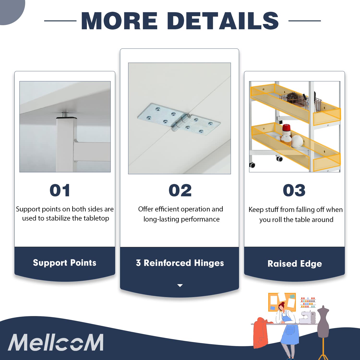 MELLCOM Mobile Folding Craft Table with Storage Shelves - 35.5in Height Adjustable Sewing Table for Fabric Cutting, DIY Projects & Home Office - Perfect for Sewing Rooms, Craft Rooms & Small Spaces
