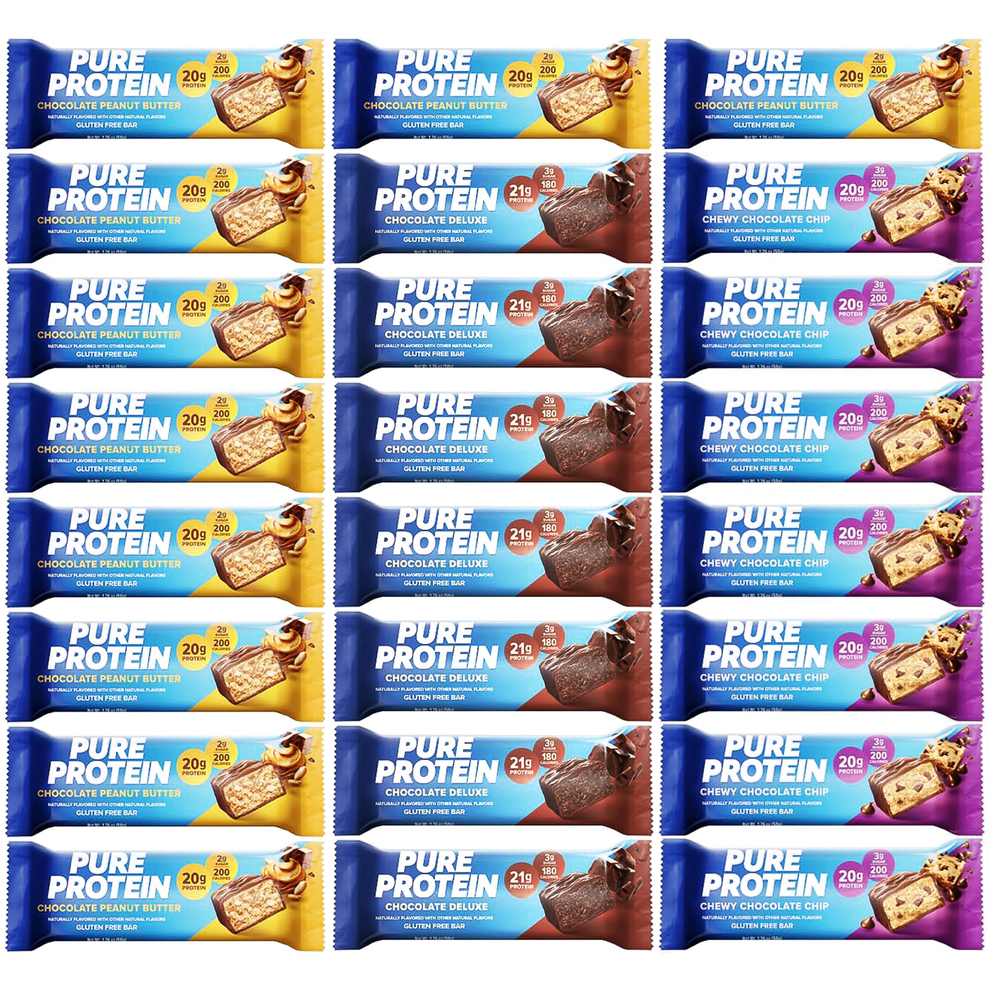 Pure Protein Bars Variety Pack - 10 Chocolate Peanut Butter, 7 Chocolate Deluxe & 6 Chewy Chocolate Chip (20g Each) | High Protein Snacks for Energy & Muscle Recovery | Perfect for Gym, Hiking & On-the-Go Nutrition