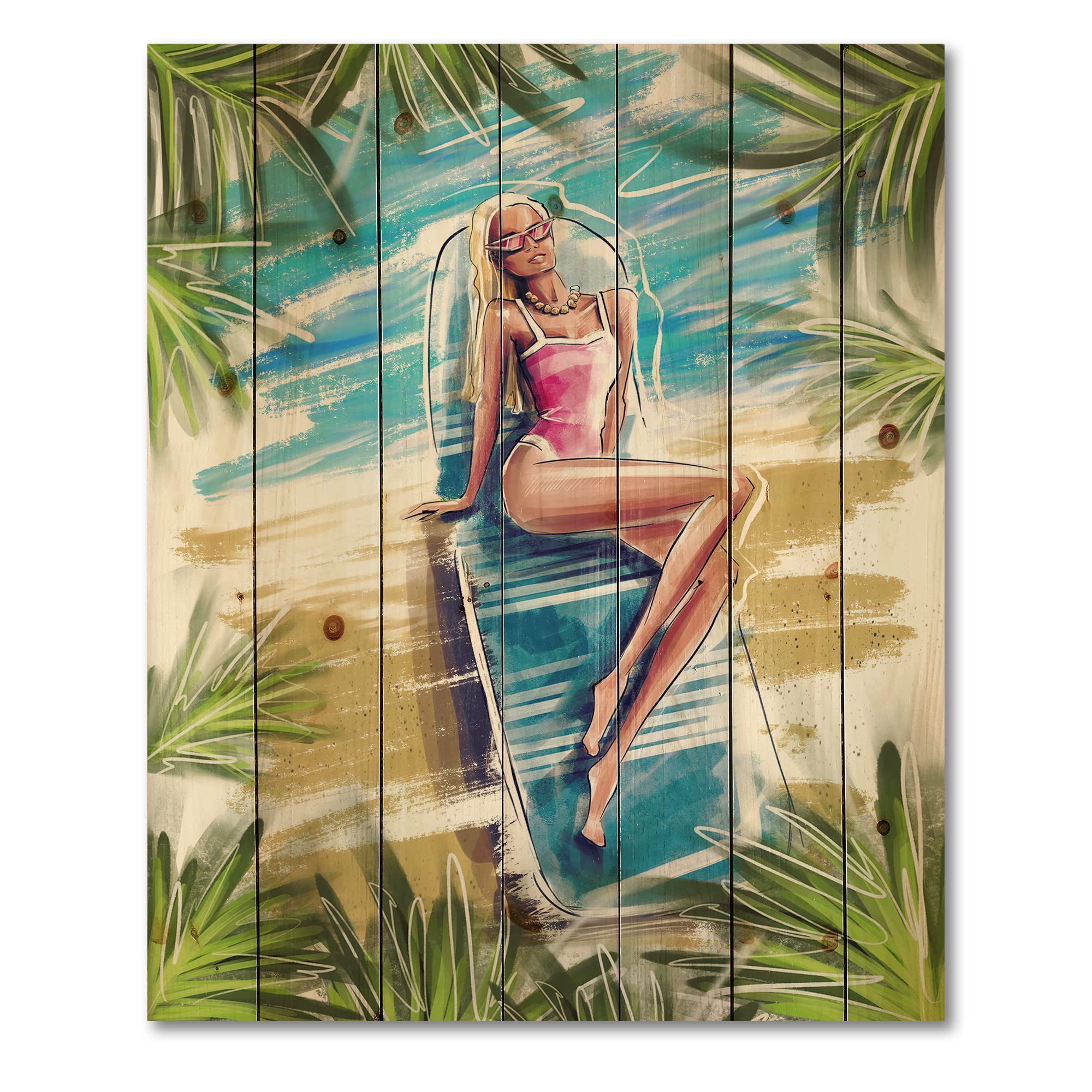 Beautiful Blonde Model Beach Sunbathing Nautical Coastal Wood Wall Art - Blue Ocean Themed Large Pine Wood Wall Decor for Living Room, Bedroom & Beach House